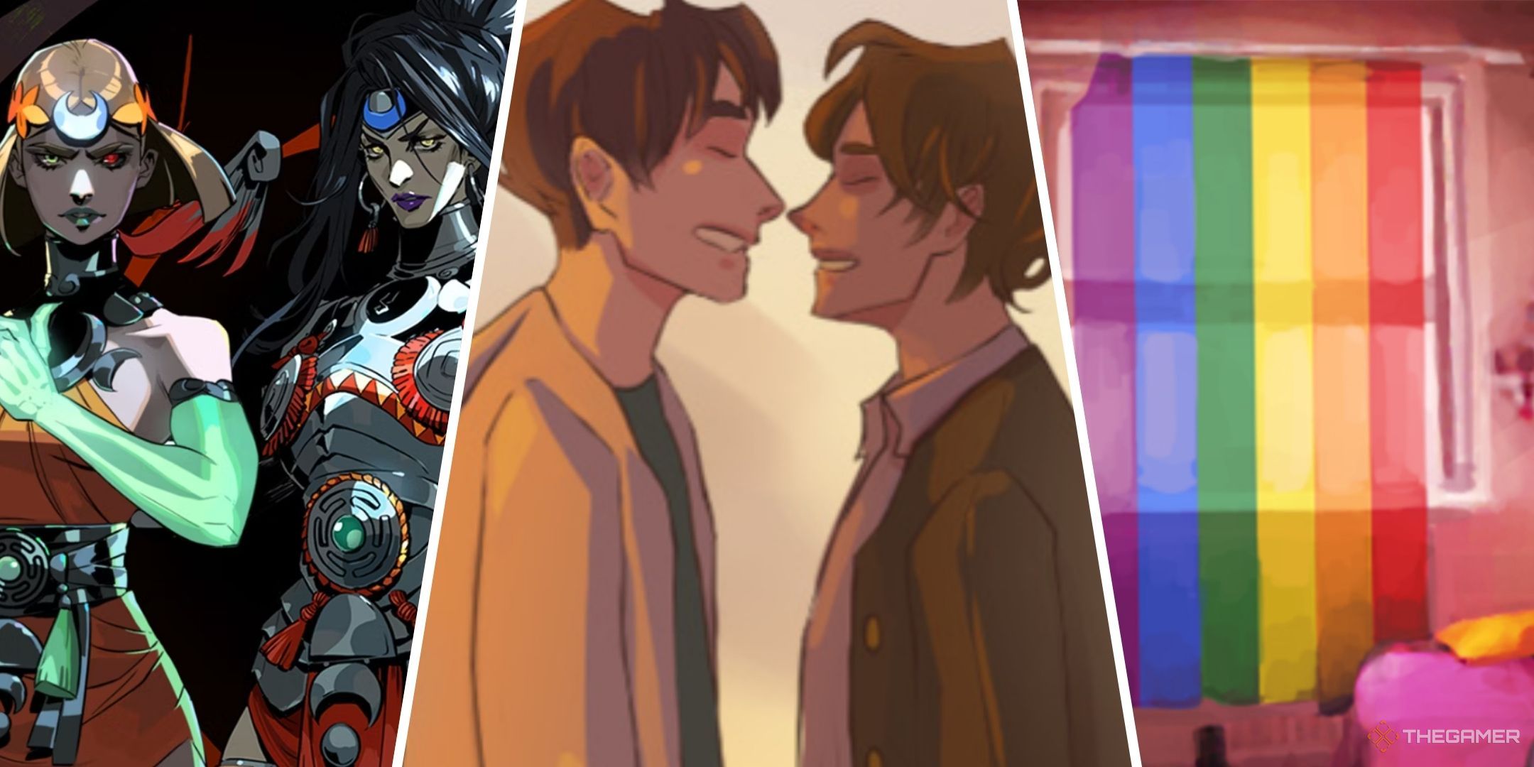 Three-image collage of Melinoe with Nemesis, Alex and Jake on the main art for Newfound Courage, and the pride flag from the main art for Love is Strange.