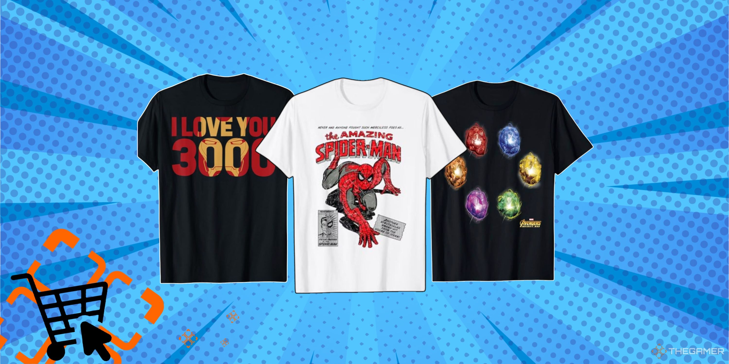بهترین هدایا برای طرفداران Fantastic Four در سال 2024 13 تصویر کلاژ سه تی شرت مارول - I Love You 3000، The Amazing Spiderman، Infinity Stones