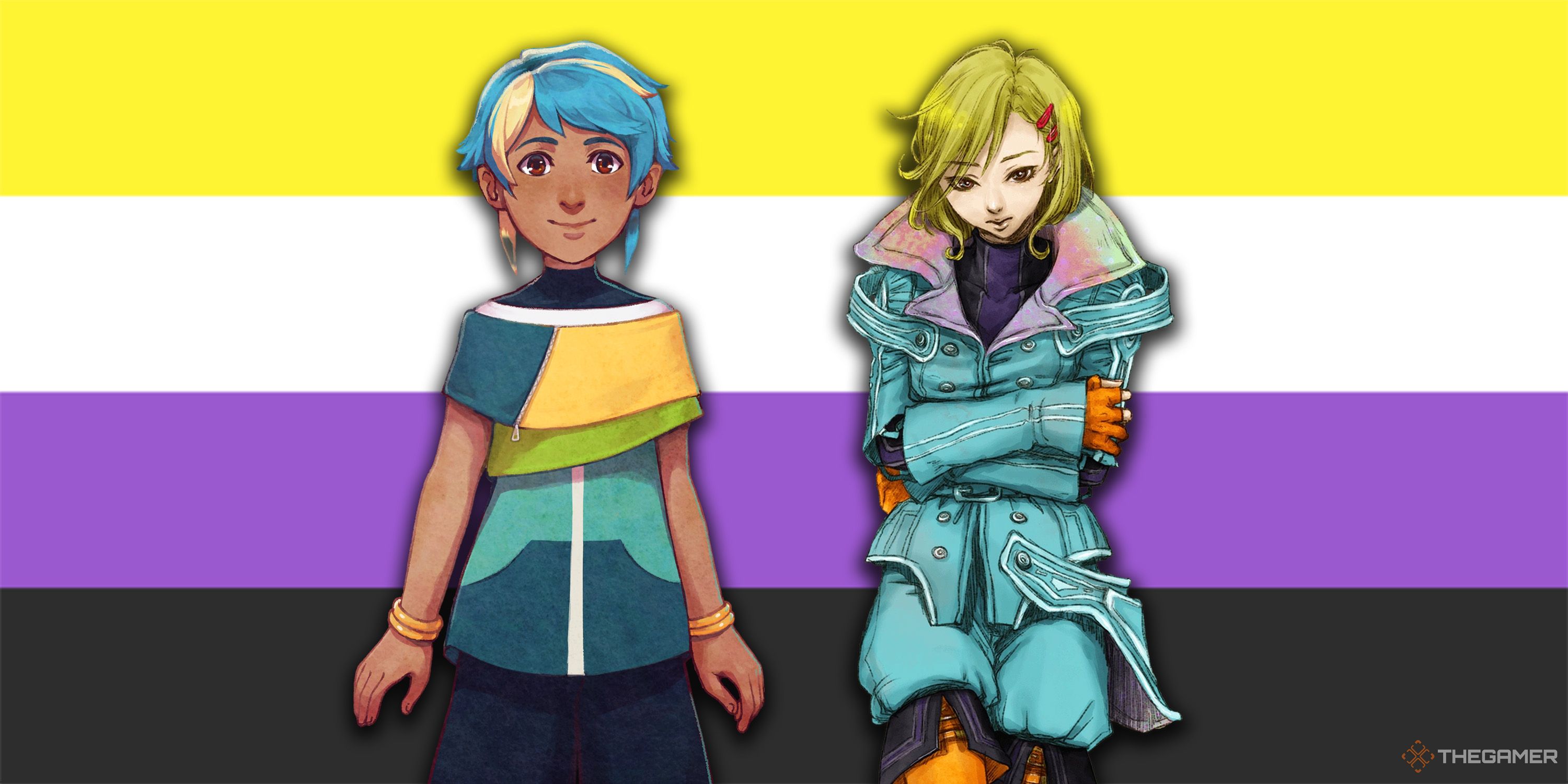 Sol from I Was a Teenage Exocolonist and Setsu from Gnosia in front of a Non-Binary Flag