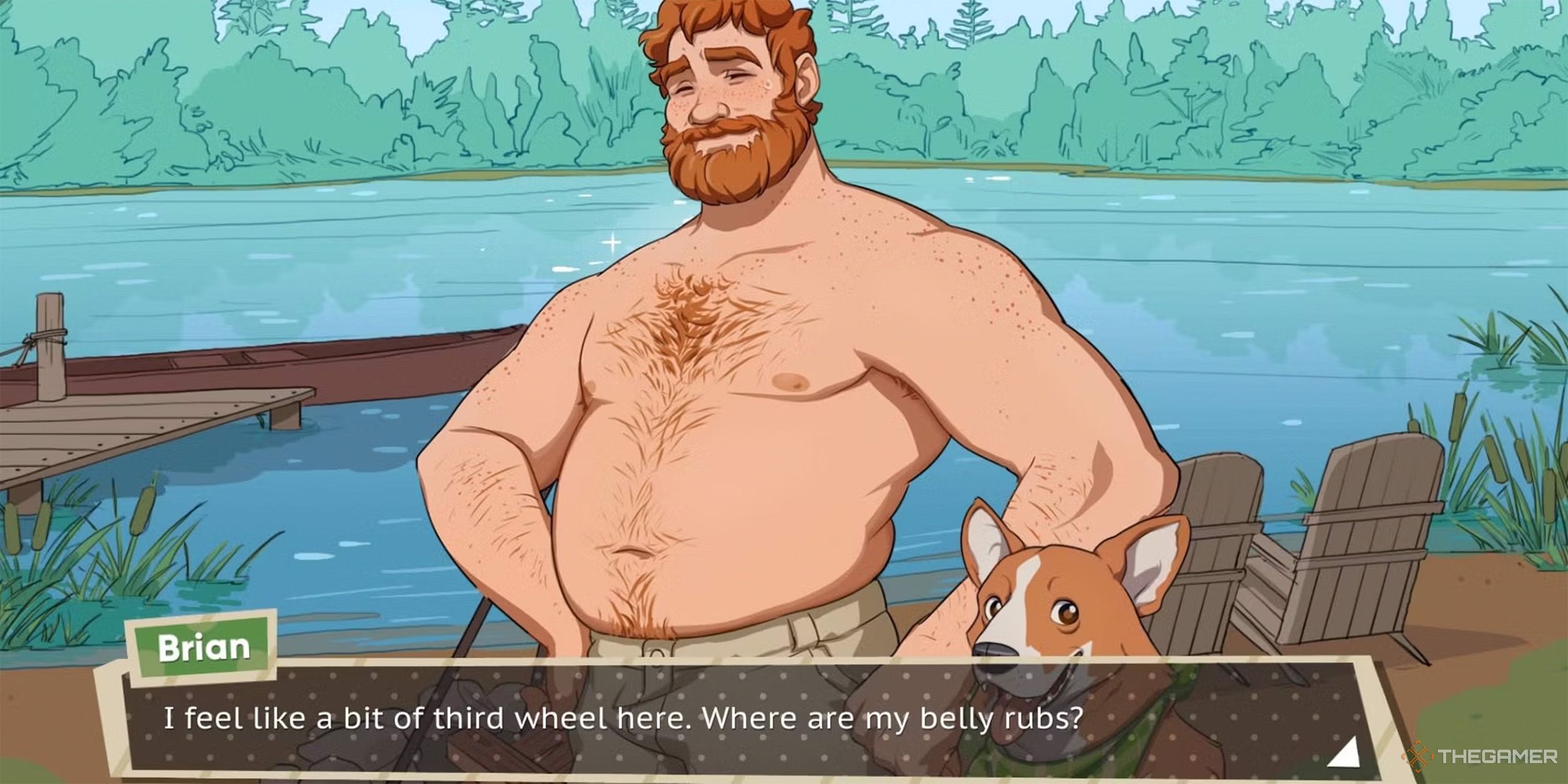 برایان بدون پیراهن دریاچه ای با سگ مهربانش در Dream Daddy می ایستد.