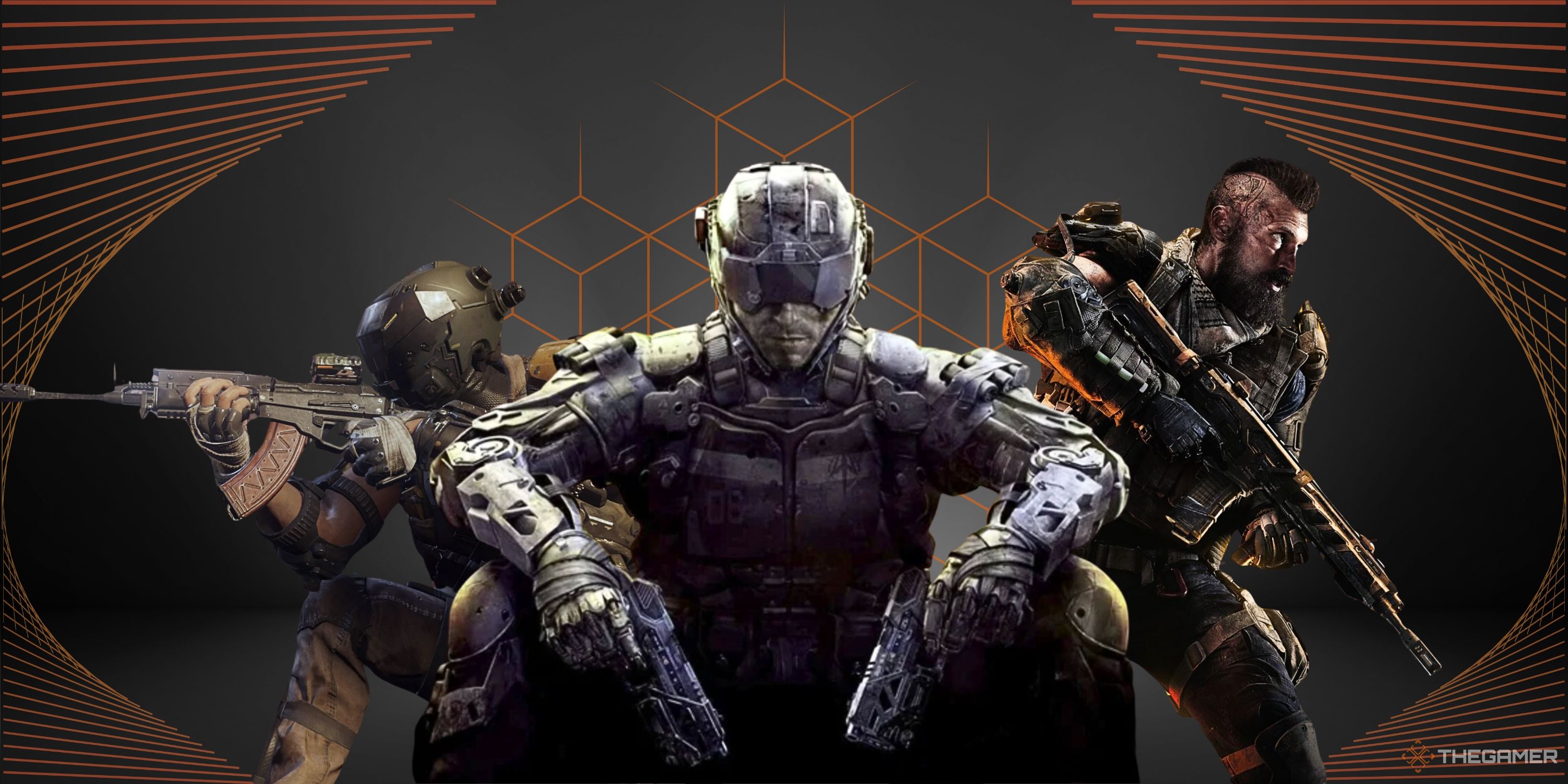 Collage image featuring three soldiers from The Black Ops Series with geometric background accents