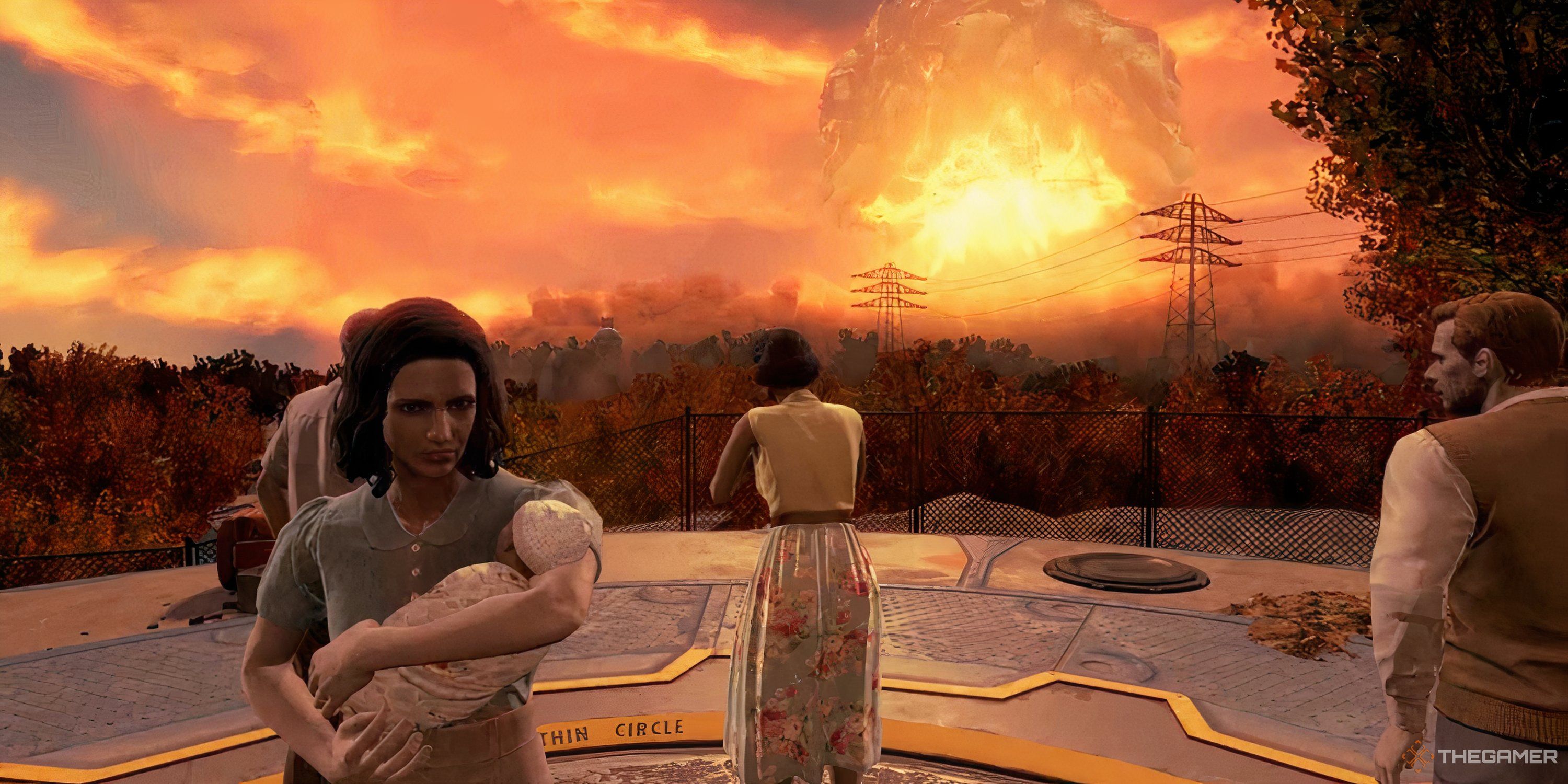 Characters from Fallout 4 stare at nuclear mushroom cloud in distance