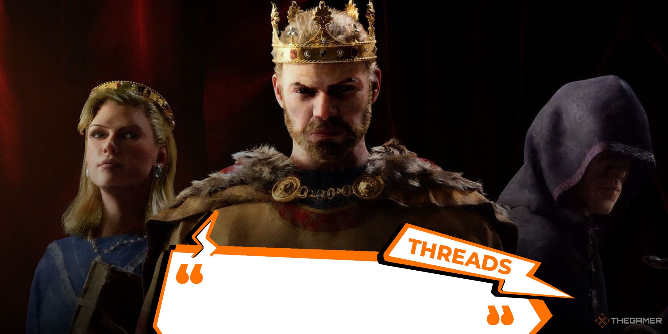 the king, queen, and schemer from the key image of crusader kings 3 with thegamer's threads logo superimposed