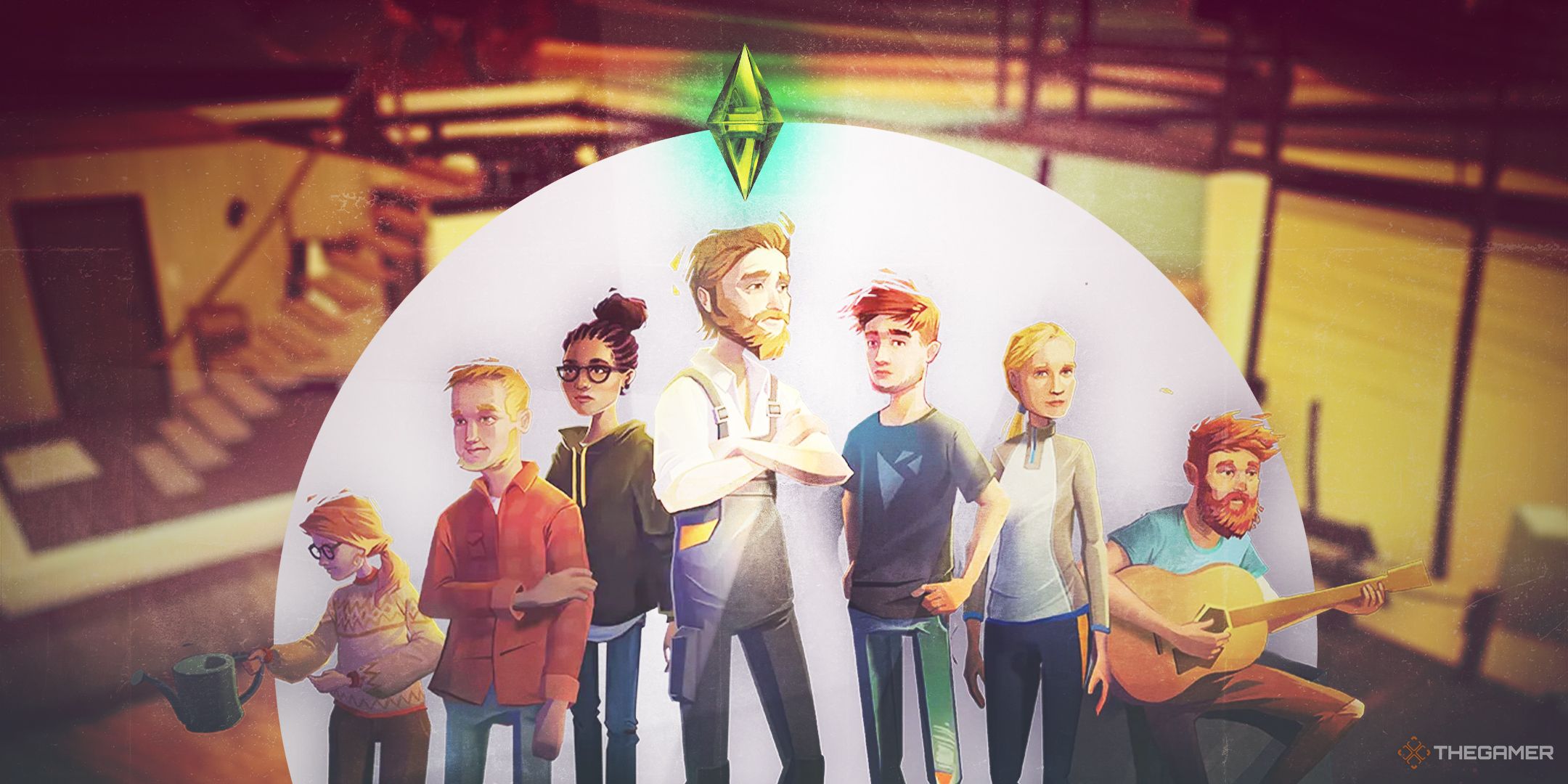 The characters in Closer the Distance with a plumbob over the middle character's head