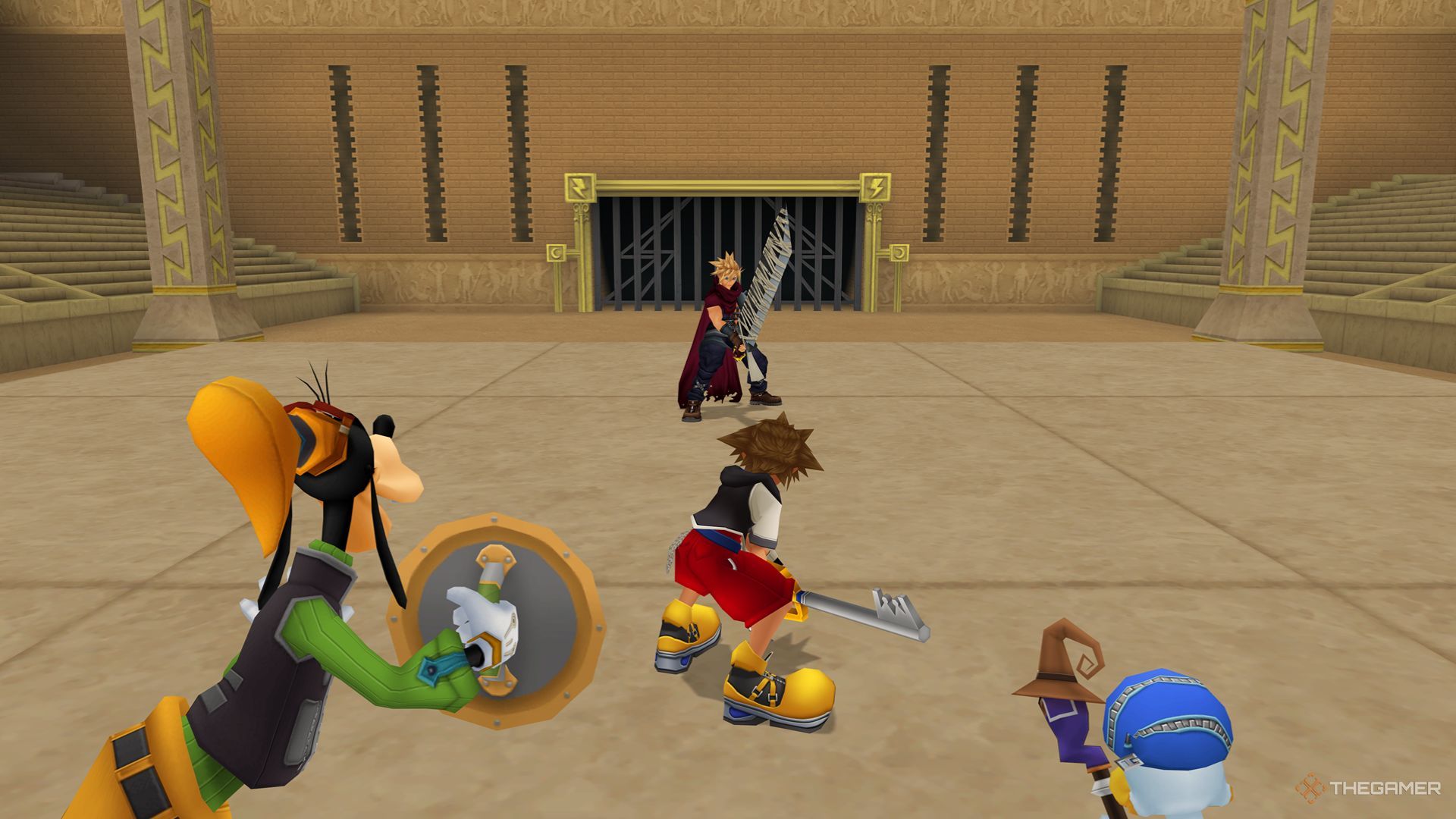 The party preparing to battle against Cloud in the Hercules Cup at Olympus Colosseum in Kingdom Hearts Final Mix.