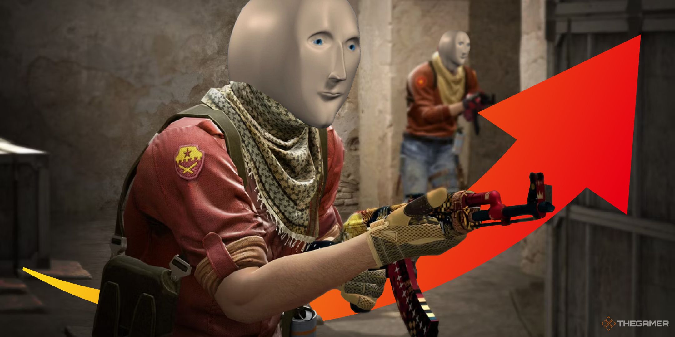 Counter-Strike 2 terrorists with AK-47s with the Stonk memes head and an arrow behind them