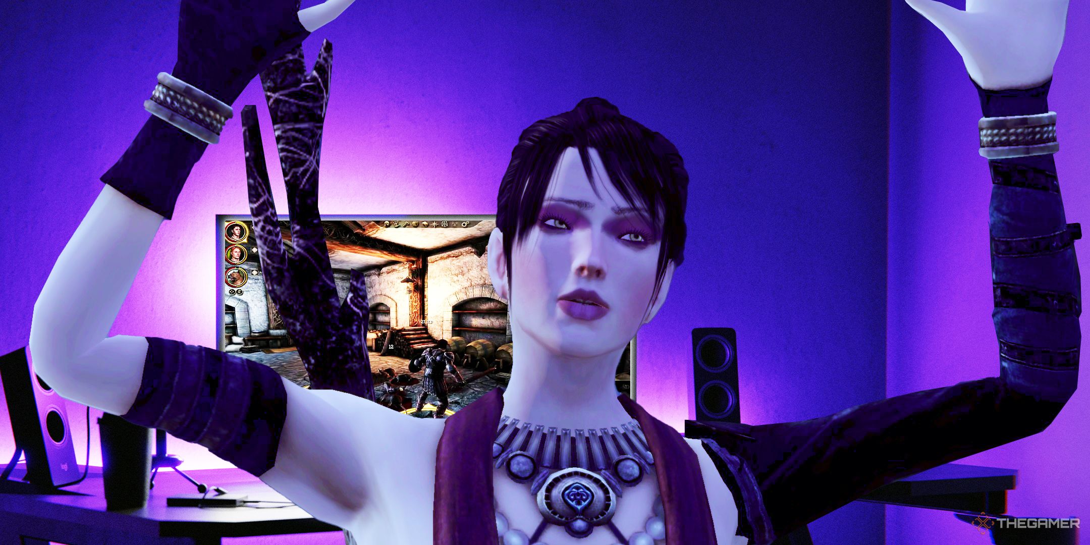 Morrigan from Dragon Age Origins throwing her hands up in front of a PC running the game