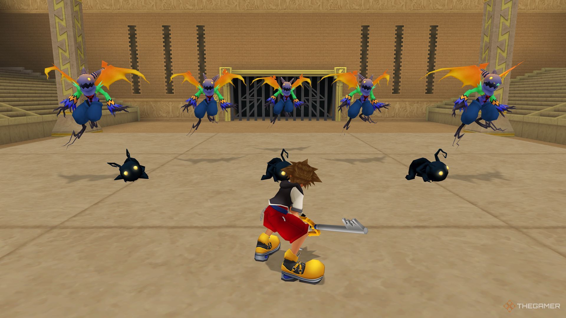 Sora preparing to battle against the Dusk Vanguard team in the Hercules Cup at Olympus Colosseum in Kingdom Hearts Final Mix.