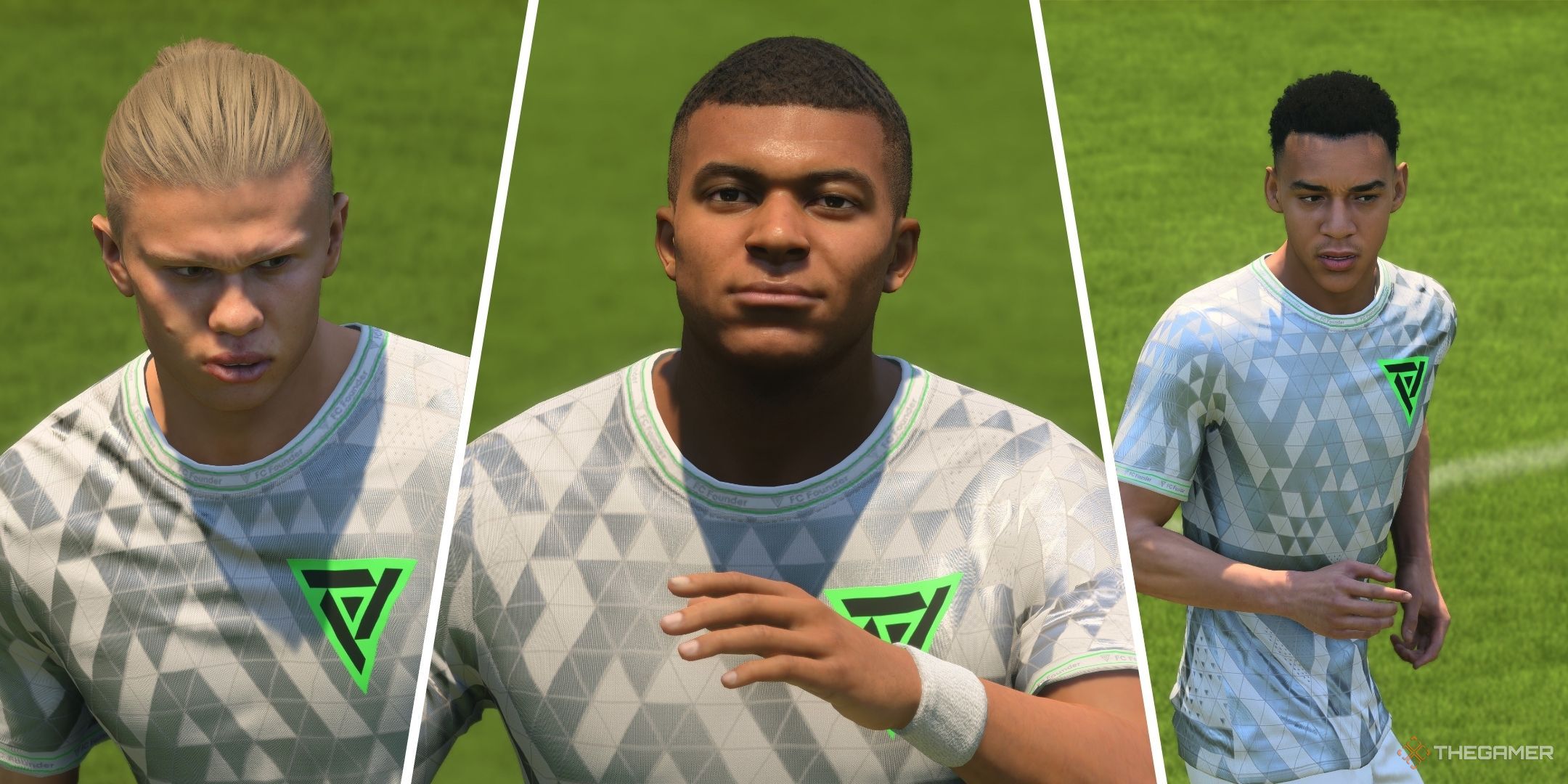 A split image of Erling Haaland, Kylian Mbappe, and Jamal Musiala in EA Sports FC 24.