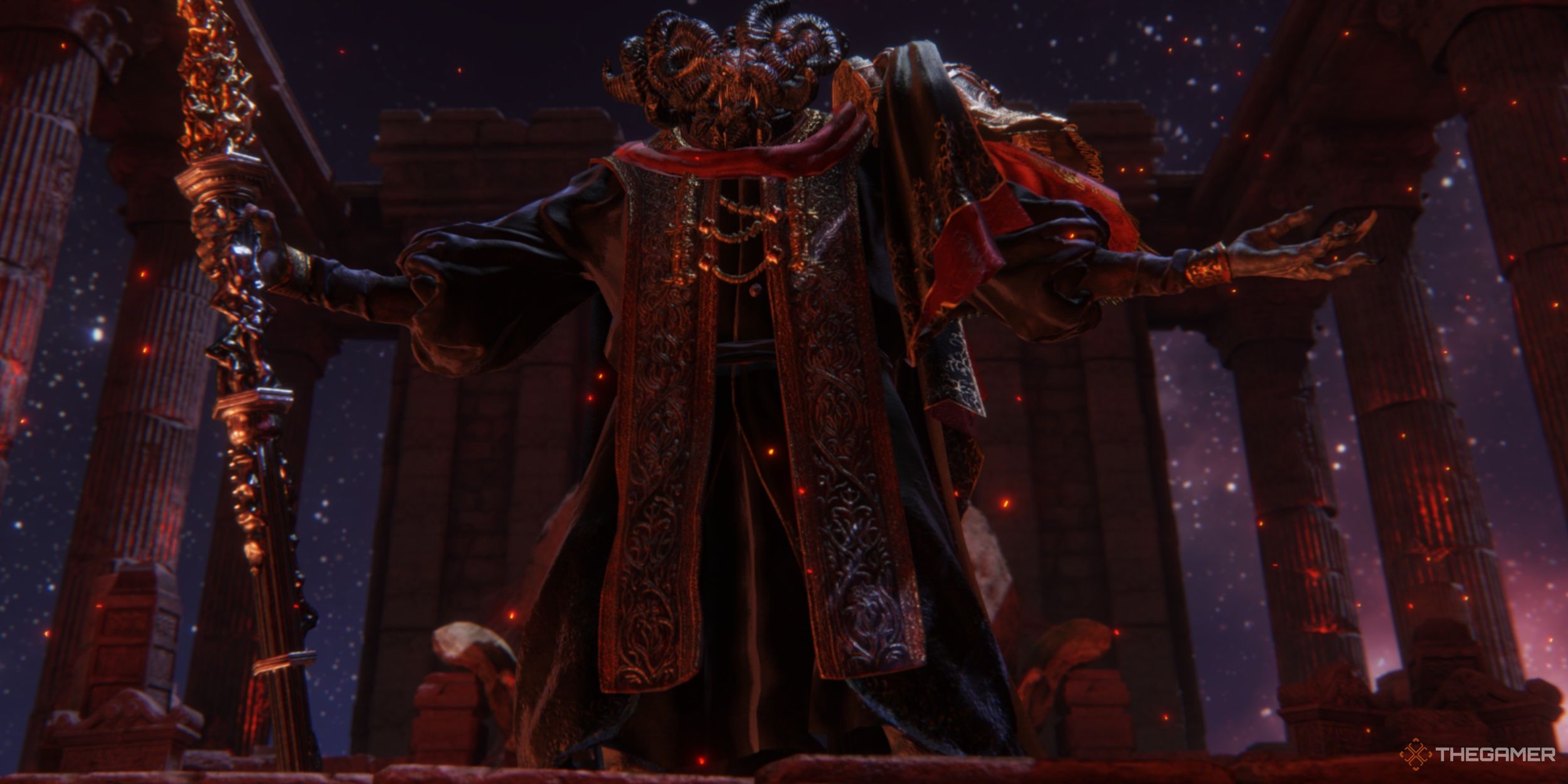 Mohg, Lord of Blood in Elden Ring welcoming the player with arms spread