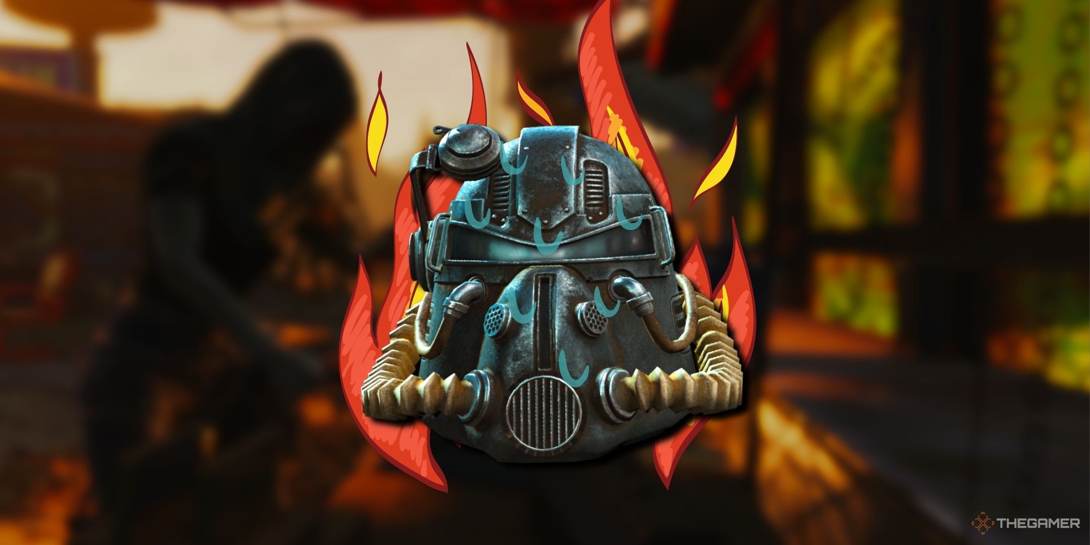 A metal Power Armor helmet with tubing, sweat drops, and flames behind it.