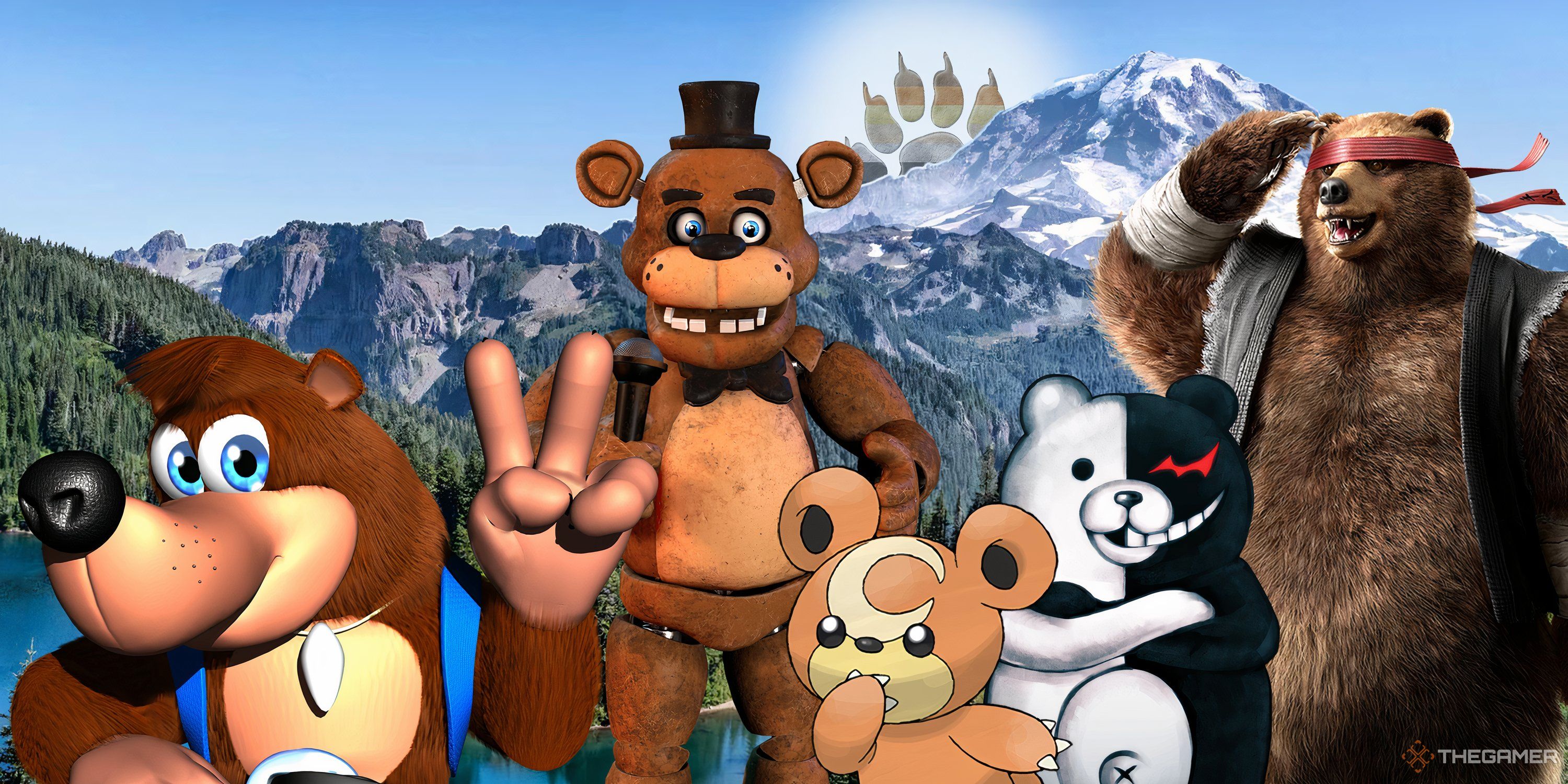 Banjo, Freddy Fazbear, Teddiursa, Monokuma, and Kuma stand in front of a vast forest landscape. A bear claw with brown, orange, yellow, grey, white, and black stripes hides behind the mountain like a rising sun. What does it mean? Are we getting into shenanigans? Guess you have to keep reading to find out.