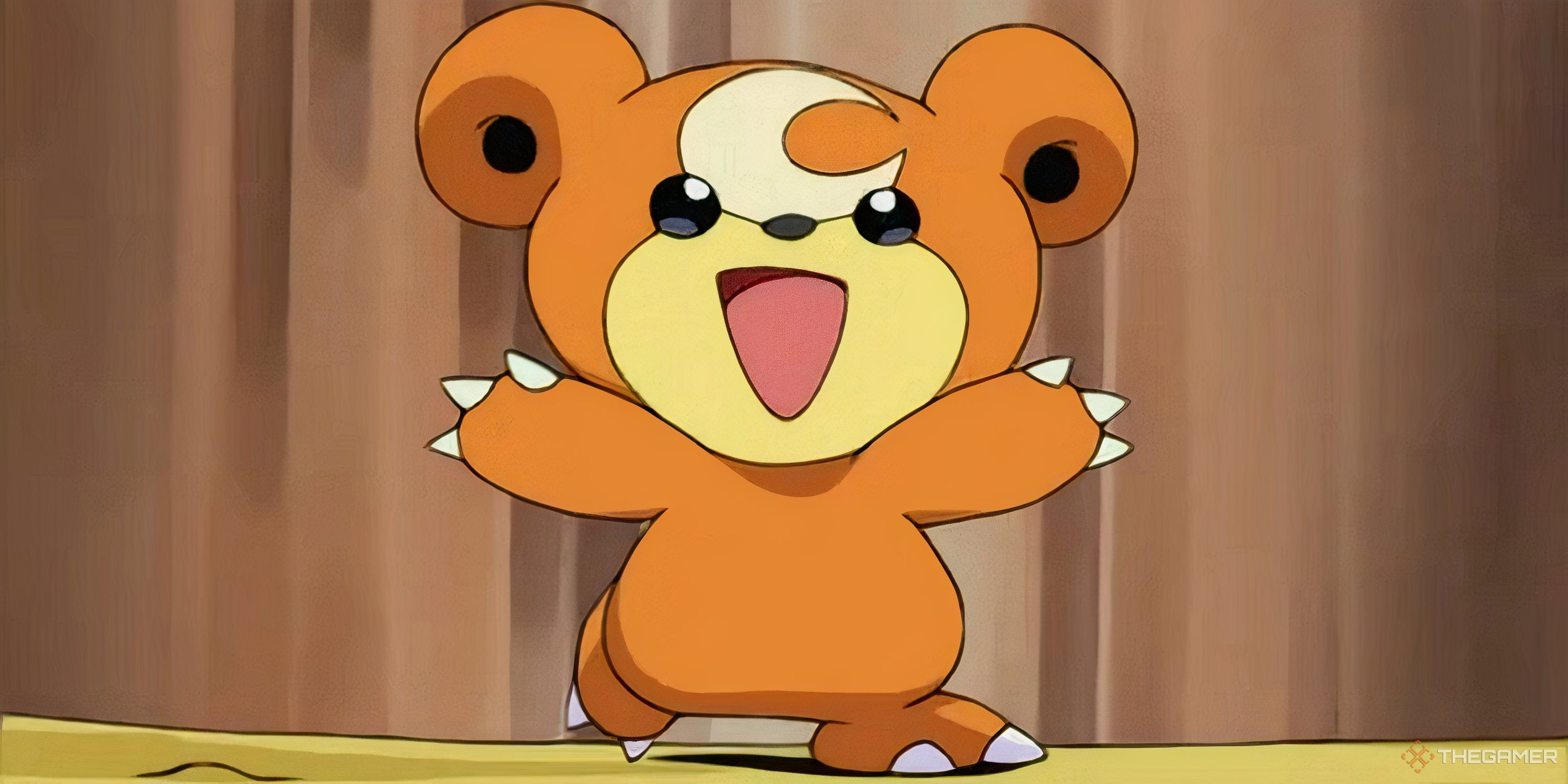Teddiursa با حالتی شاد روی صورت خود در این عکس از سری انیمیشن Pokemon به جلو می دود.