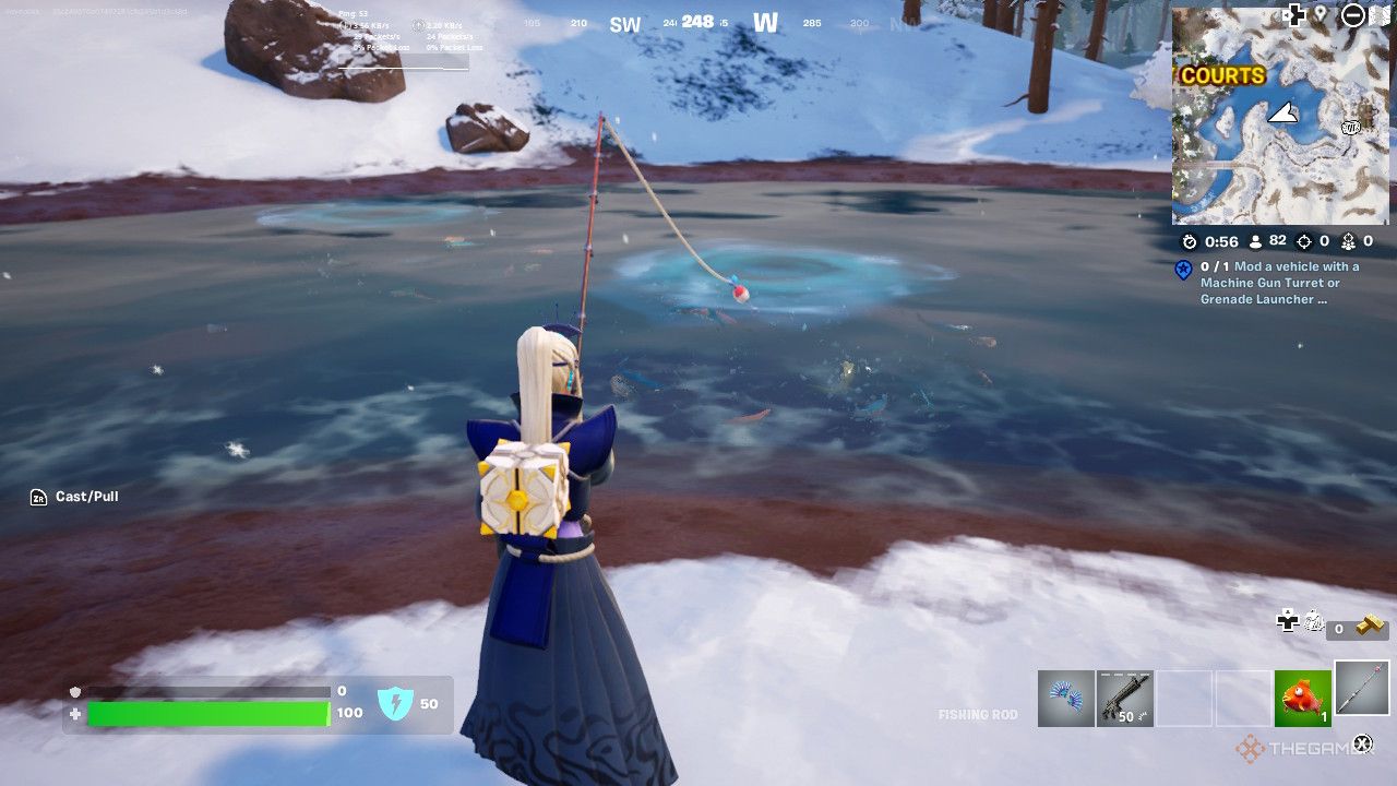 Screenshot of a character fishing at a fishing spot in Fortnite. 