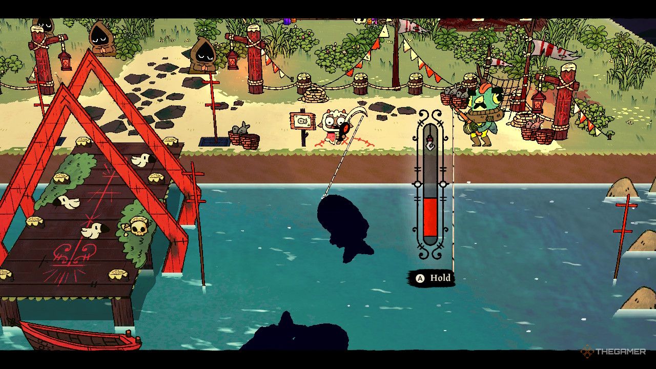 Screenshot of the lamb fishing in the Cult of the lamb