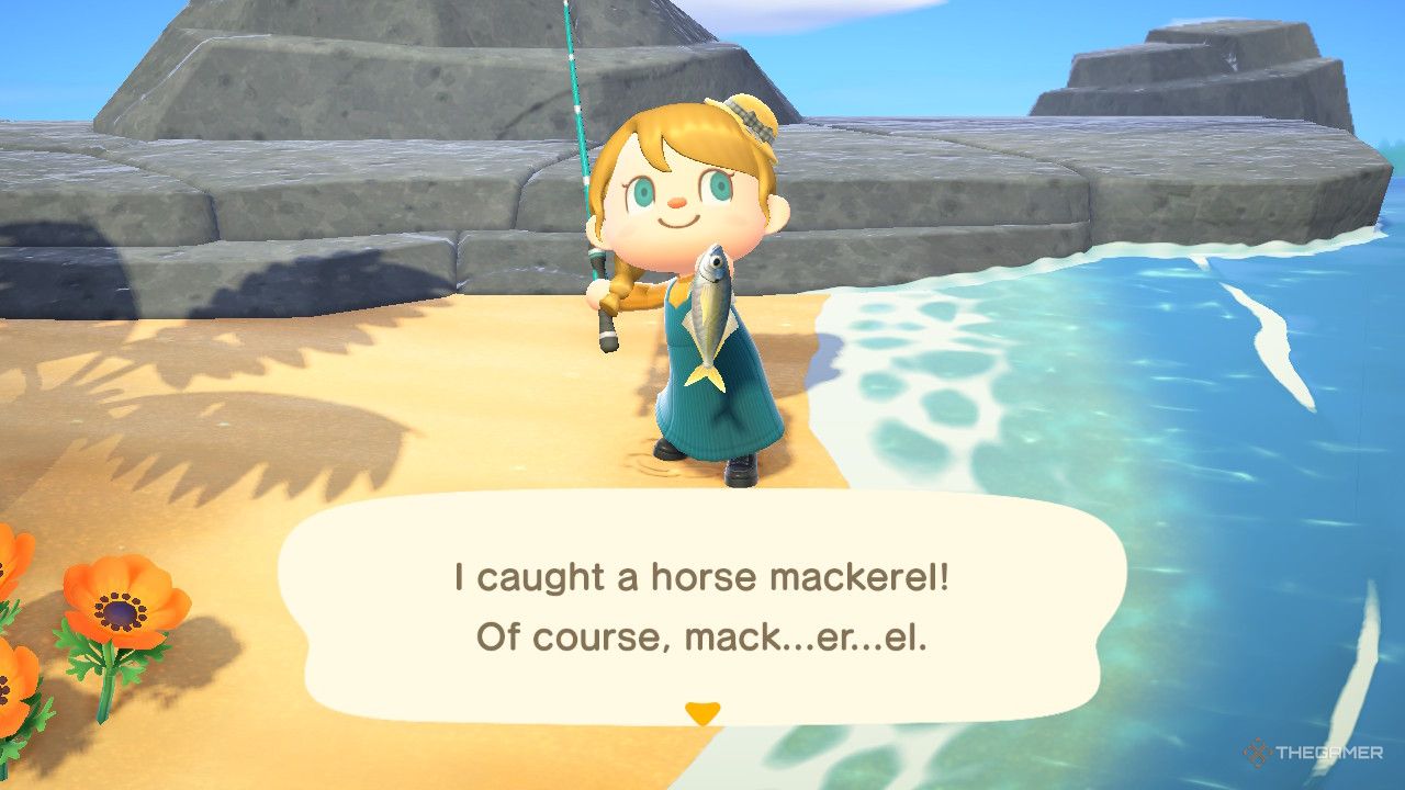 Screenshot of Animal Crossing character holding a caught horse mackerel 