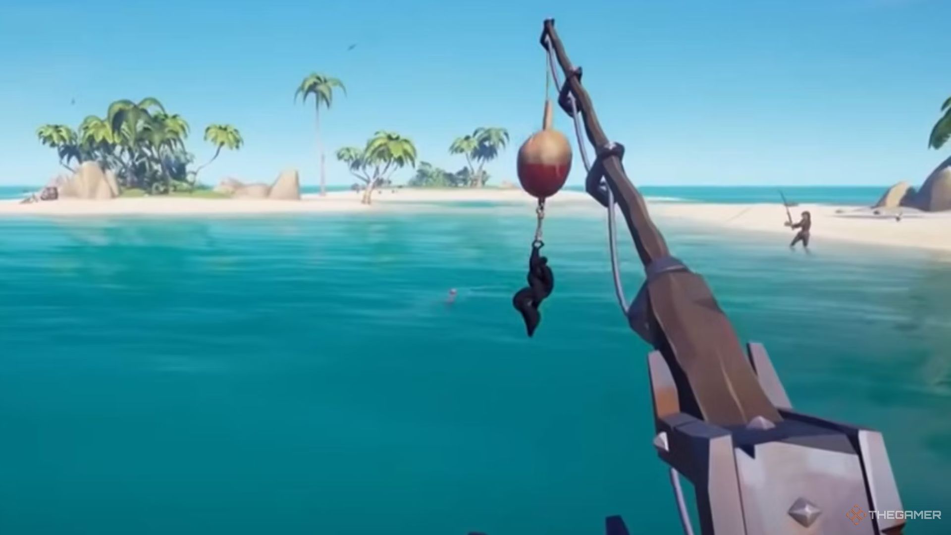 Fishing mechanic in sea of thieves showing the rod and ocean