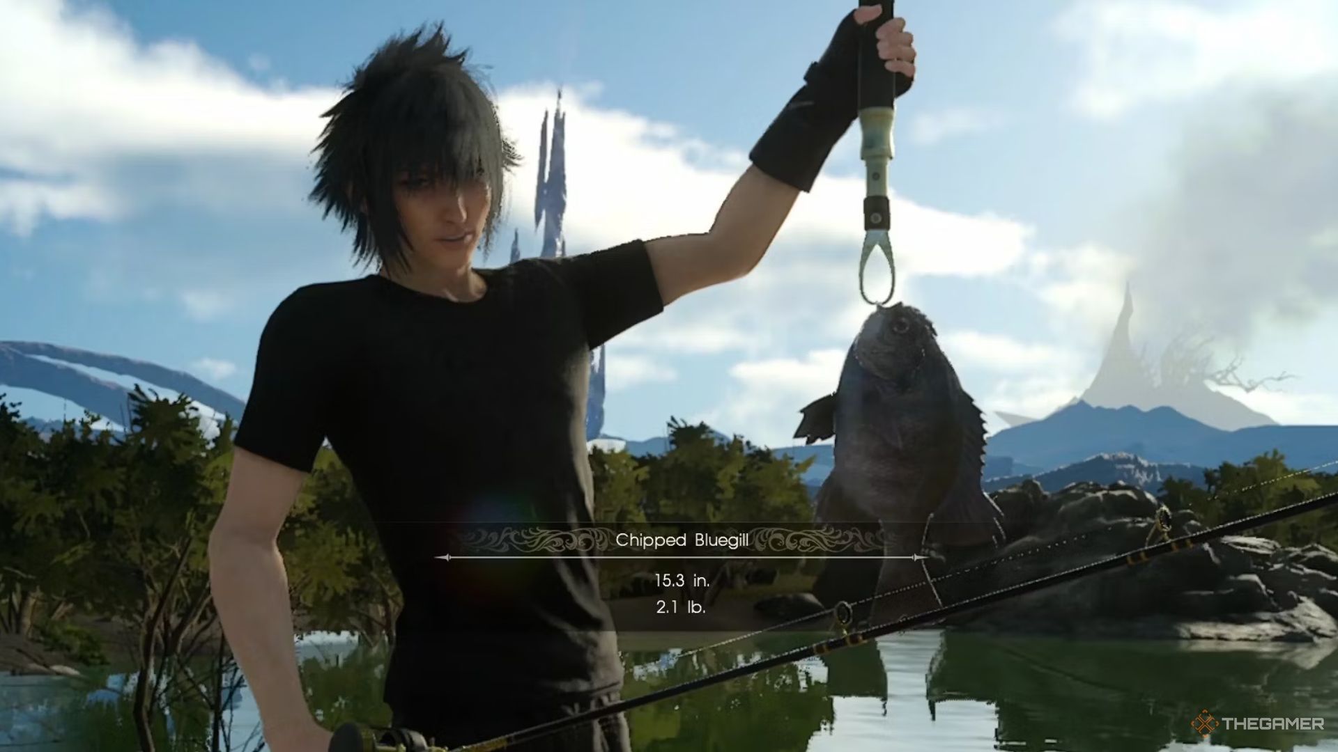 Noctis holding up a bluegill in Final Fantasy 15