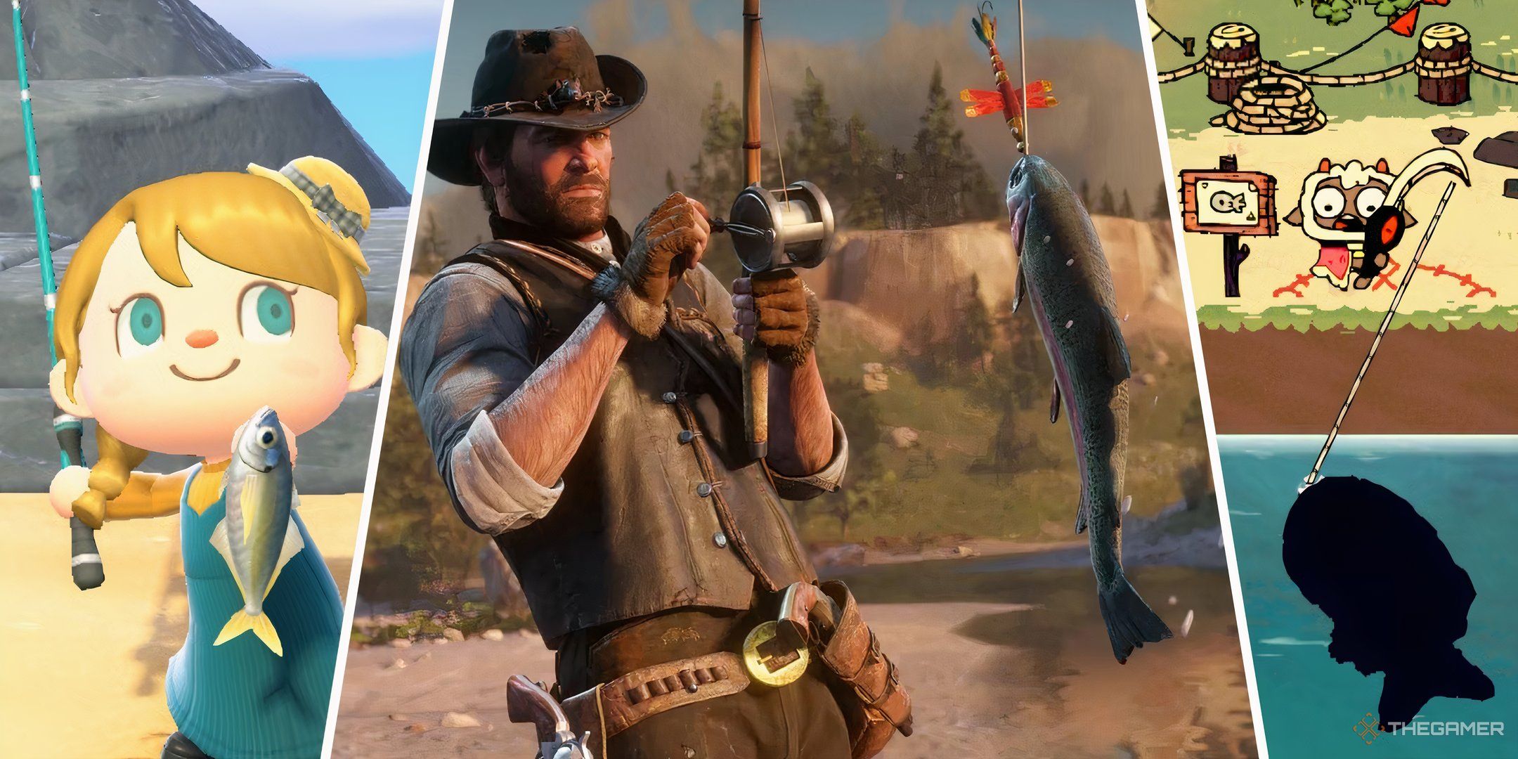 Fishing Screenshots from Animal Crossings, Red Dead Redemption, and Cult of the Lamb