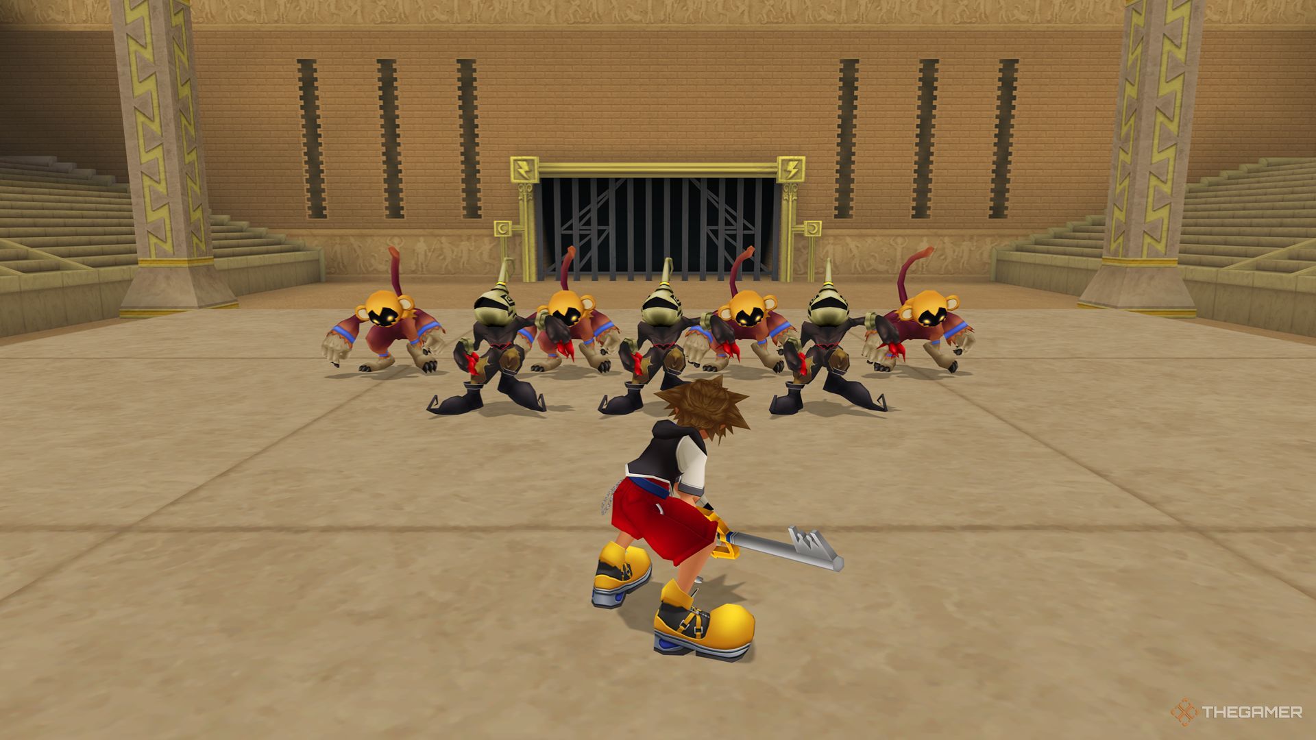 Sora preparing to battle against the Jungle Vice team in the Phil Cup at Olympus Colosseum in Kingdom Hearts Final Mix.
