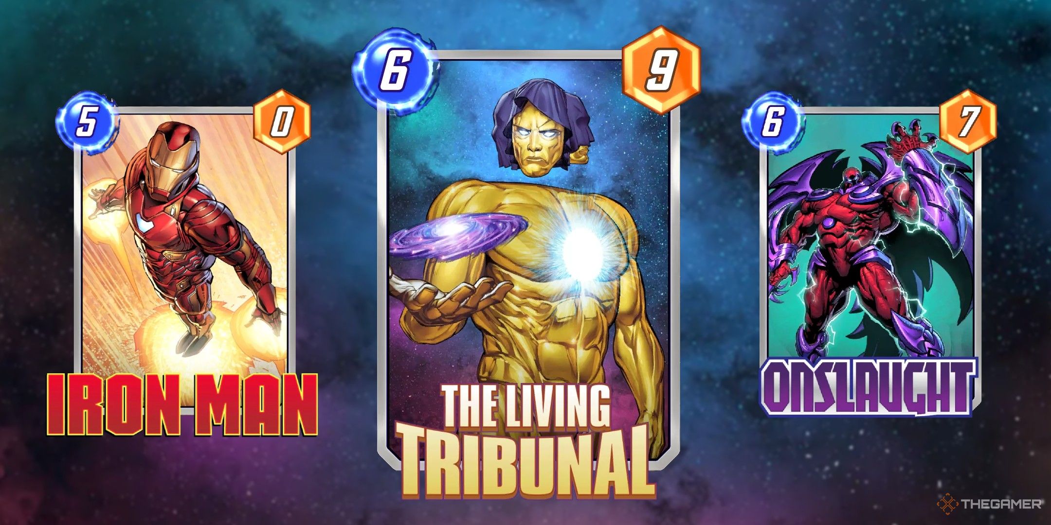 marvel snap card iron man, the living tribunal and onslaugt