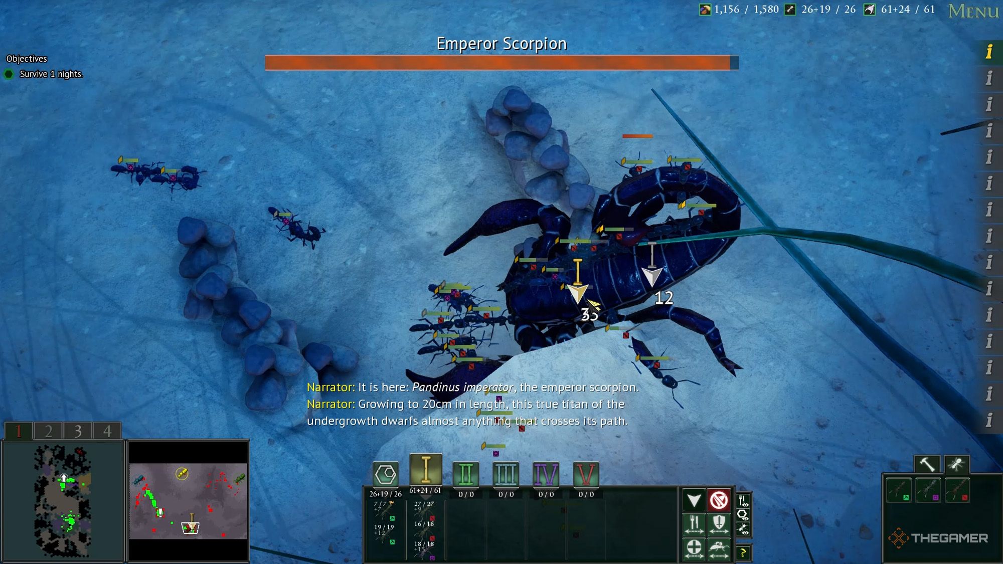 Matabele Ants are fighting against the Emperor Scorpion on the surface in Empires of the Undergrowth
