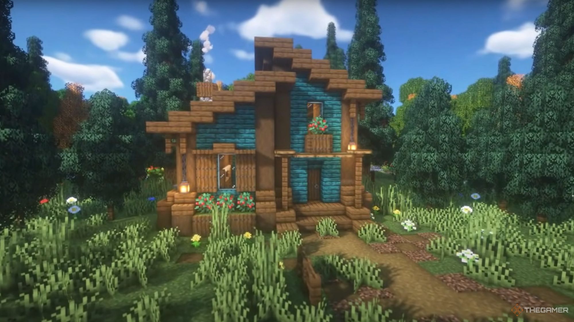 An image from Minecraft of a Blue Starter Home that uses wood from the warped forest in the nether.