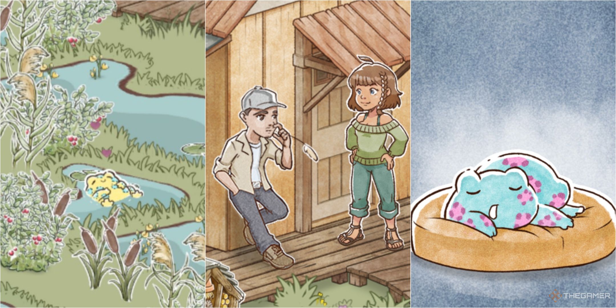 a frog in the pond with hearts around it, cleo and one of the helpers from the wetlands, and a sleeping frog from kamaeru: a frog refuge