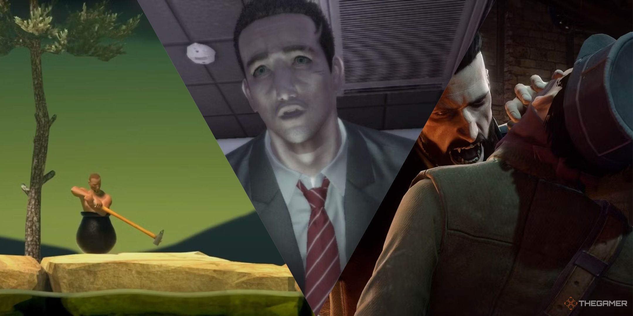 A man in a cauldron with a tool in Getting Over It, Francis York Morgan from Deadly Premonition making a surprised expression, and Jonathan Reid biting a character in Vampyr, left to right