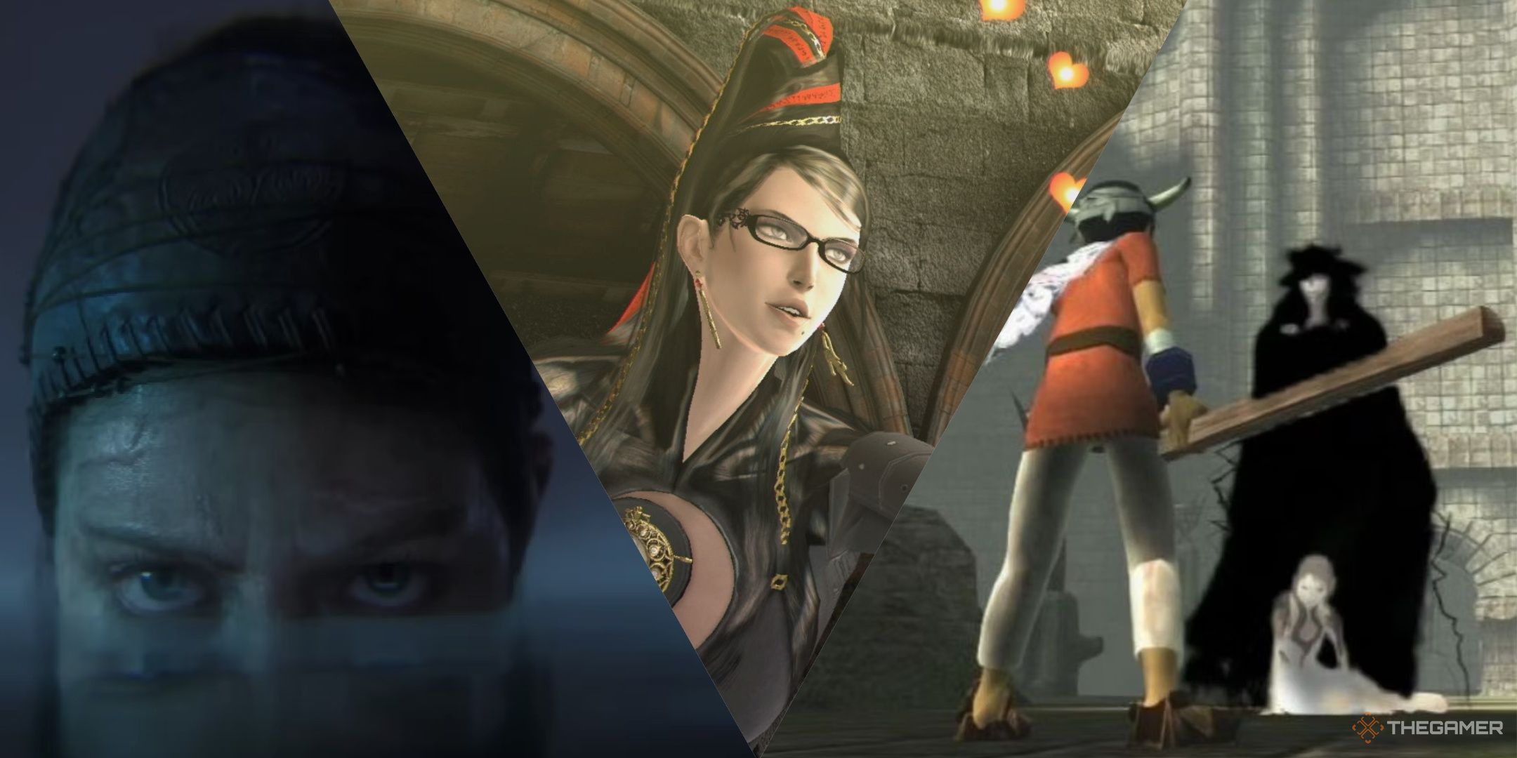 Senua in Hellblade 2 with her eyes above the water, bayonetta blowing a kiss, and the character in ico stood before a shadowy picture and the princess