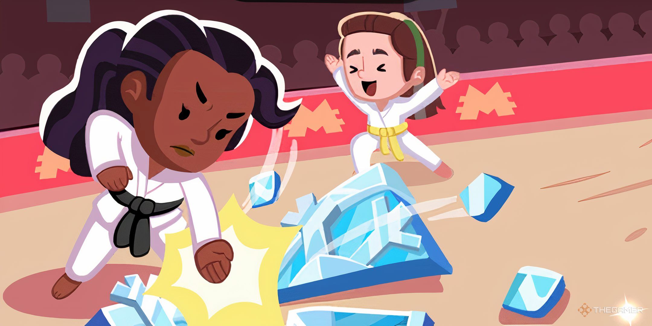 A character breaking a shield with her hand in Monopoly Go