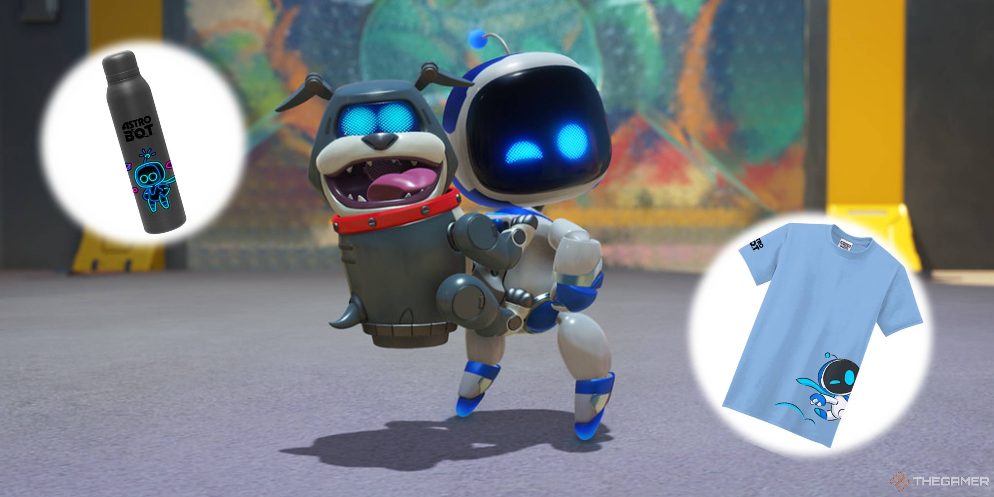 astro bot with a dog on his back and a t-shirt and water bottle floating around him