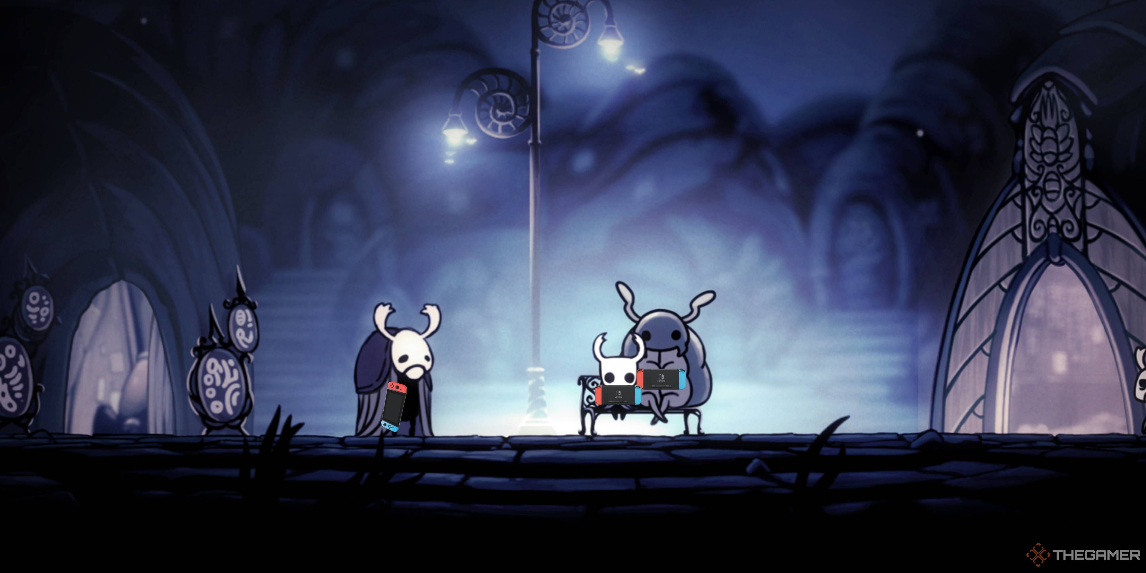 hollow knight characters holding nintendo switch consoles