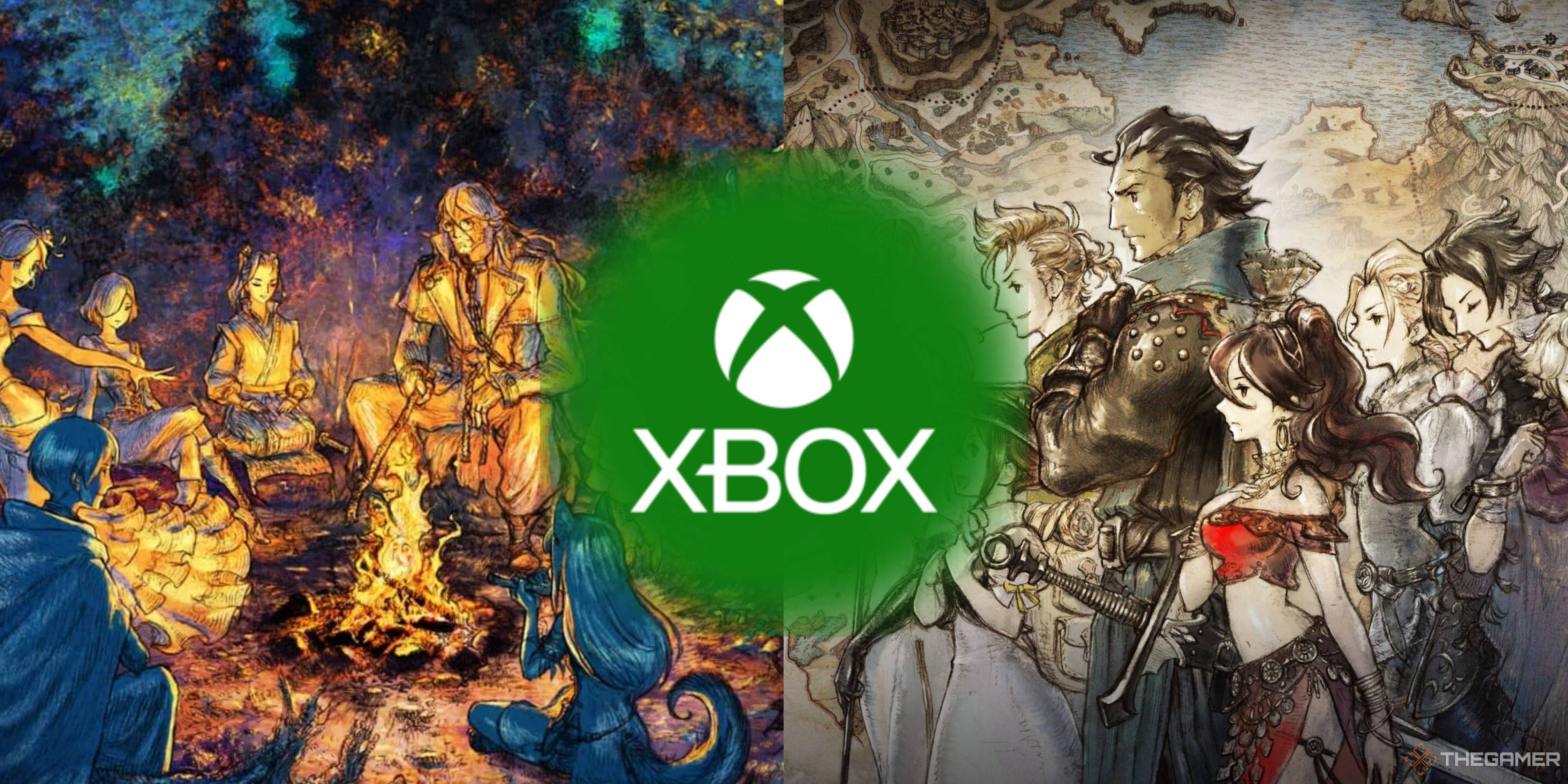 octopath traveler and octopath traveler 2 with an xbox logo in the middle