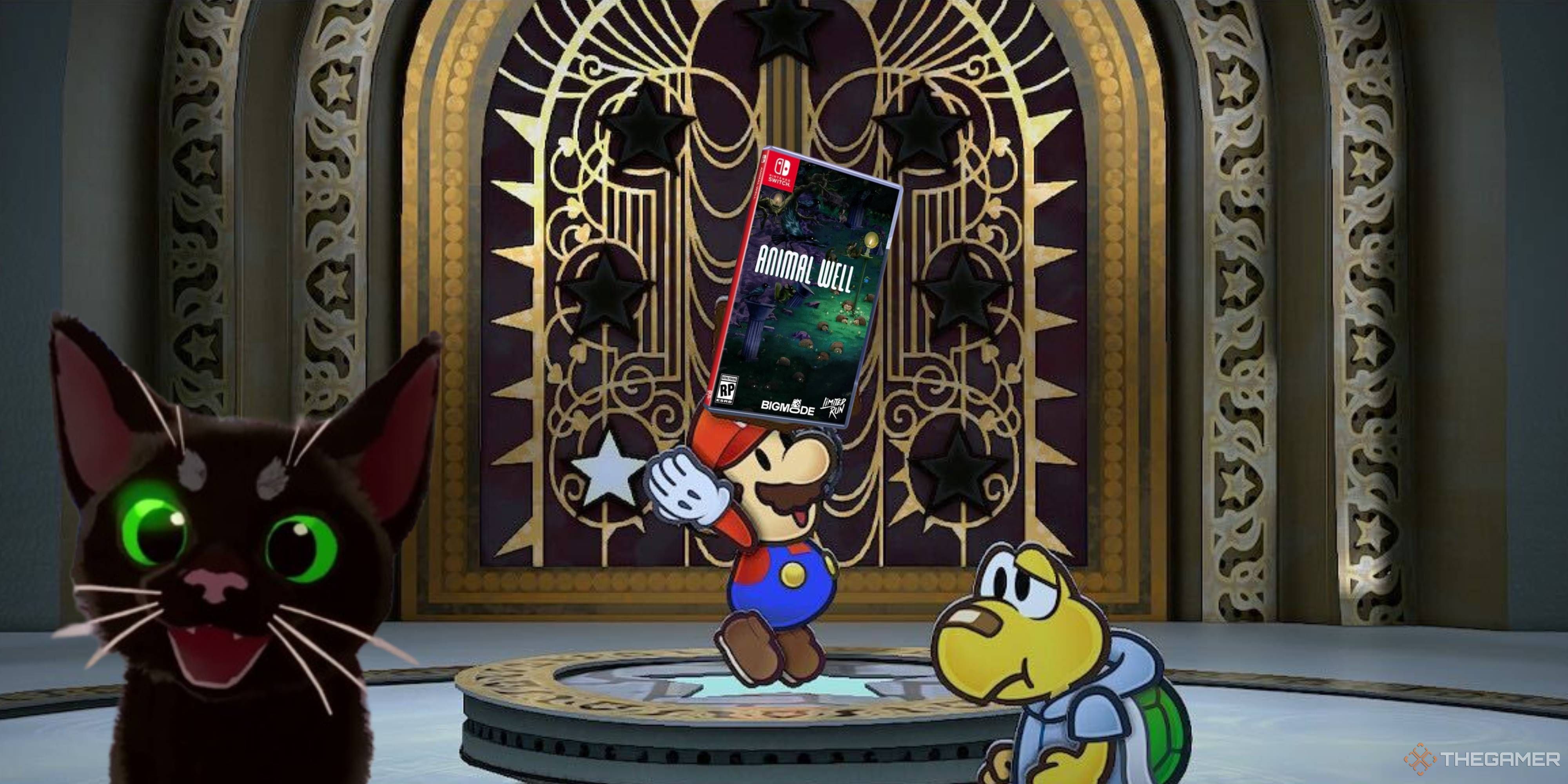 paper mario holding up a switch copy of animal well and little kitty big city in the corner