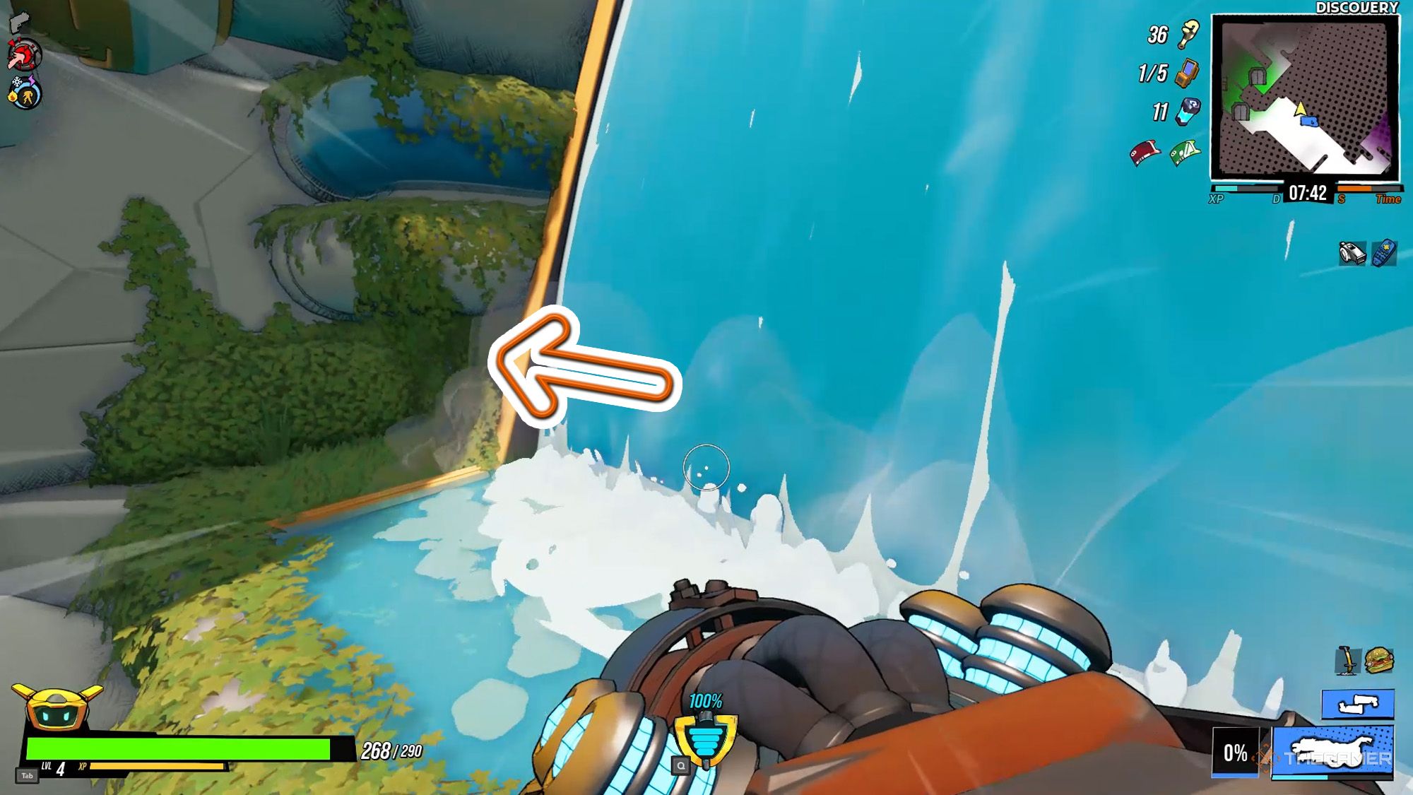 An arrow is pointing to the secret passage near the waterfall on the left side of Aqua Station, which leads you to Waste Station in RoboQuest