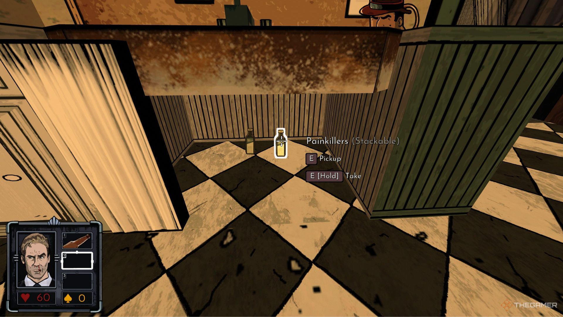 A player looking at the Painkillers hidden underneath Michael&rsquo;s sink in his apartment in Fallen Aces.