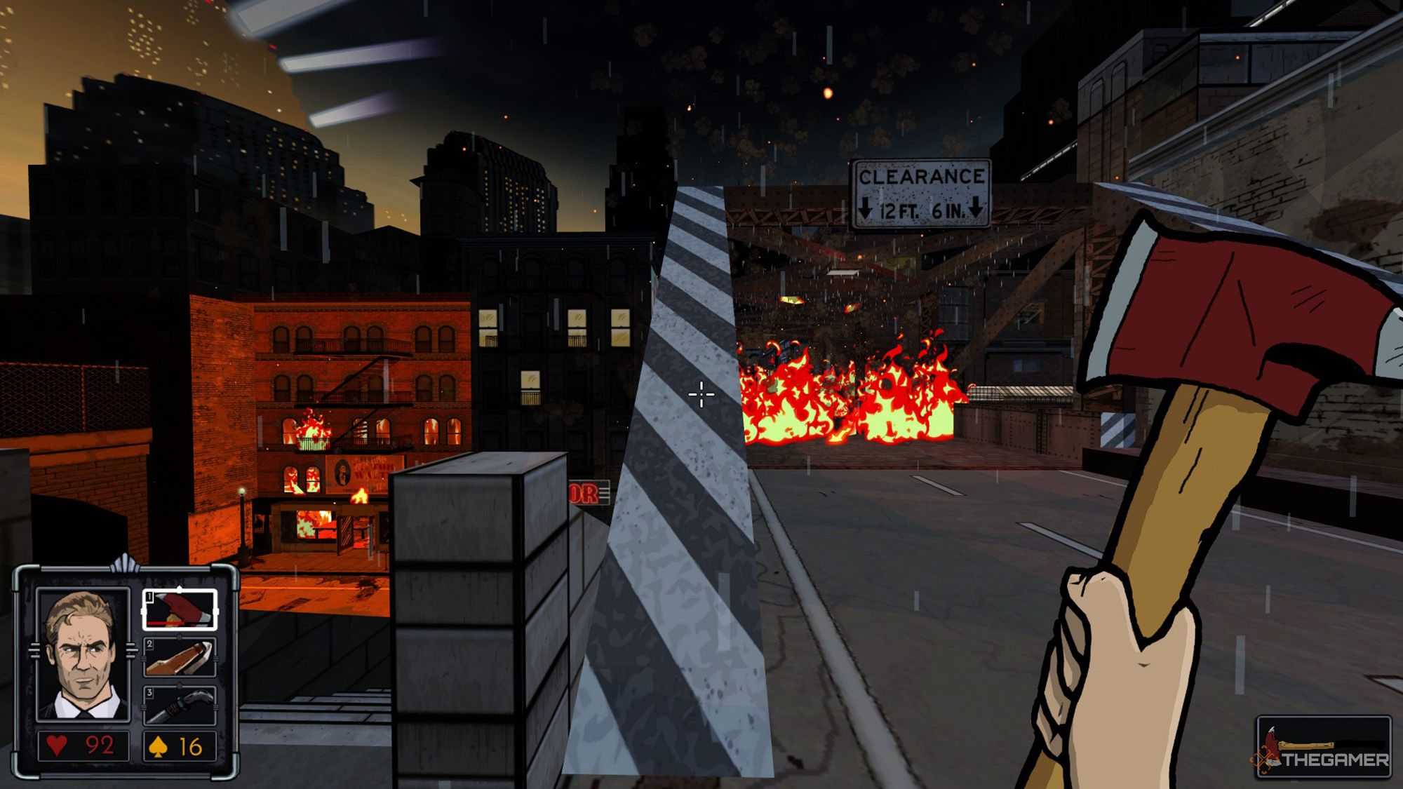 Player is climbing the beams of a burning bridge in Fallen Aces