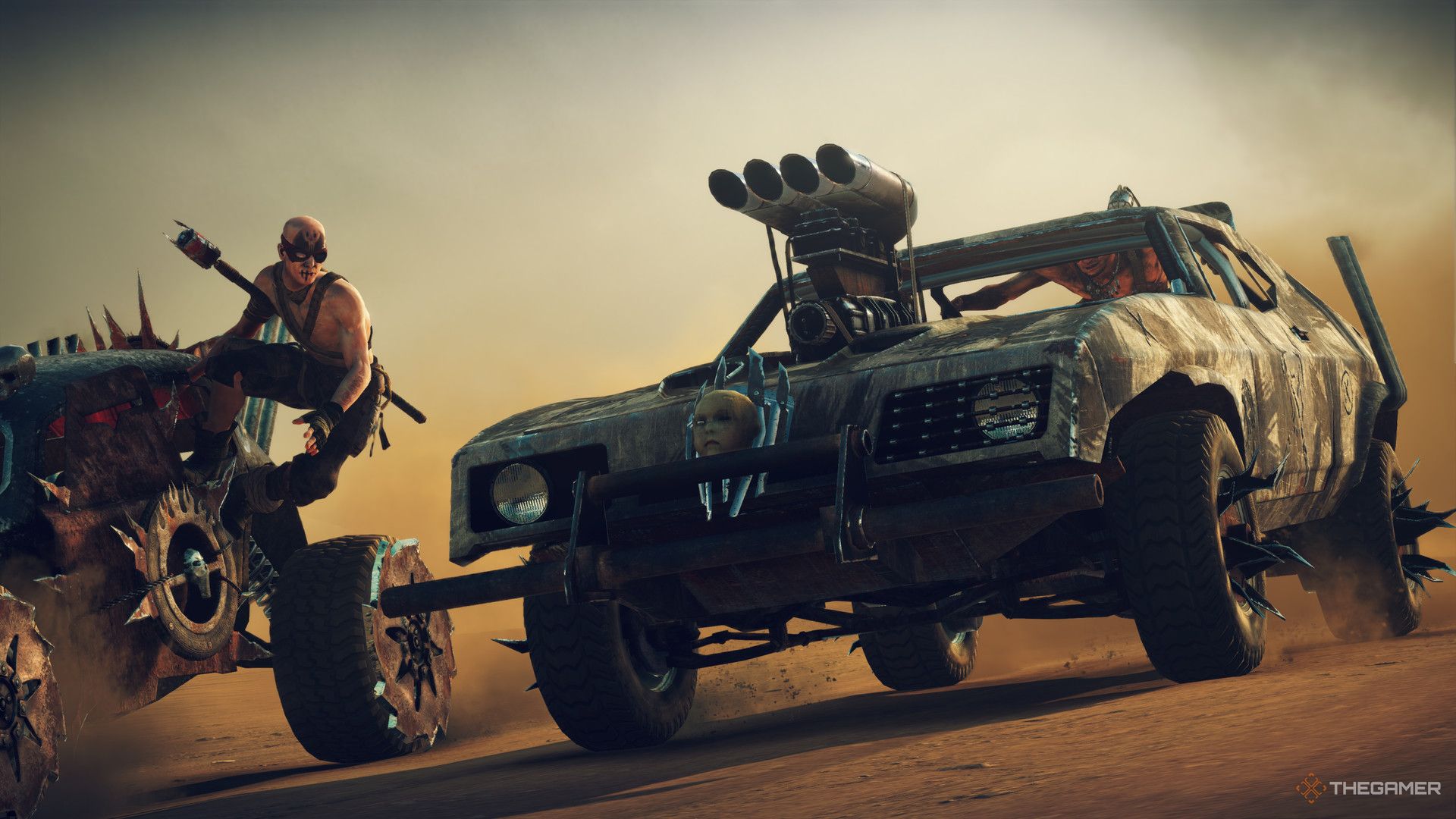 An enemy trying to jump onto Max's car in Mad Max.