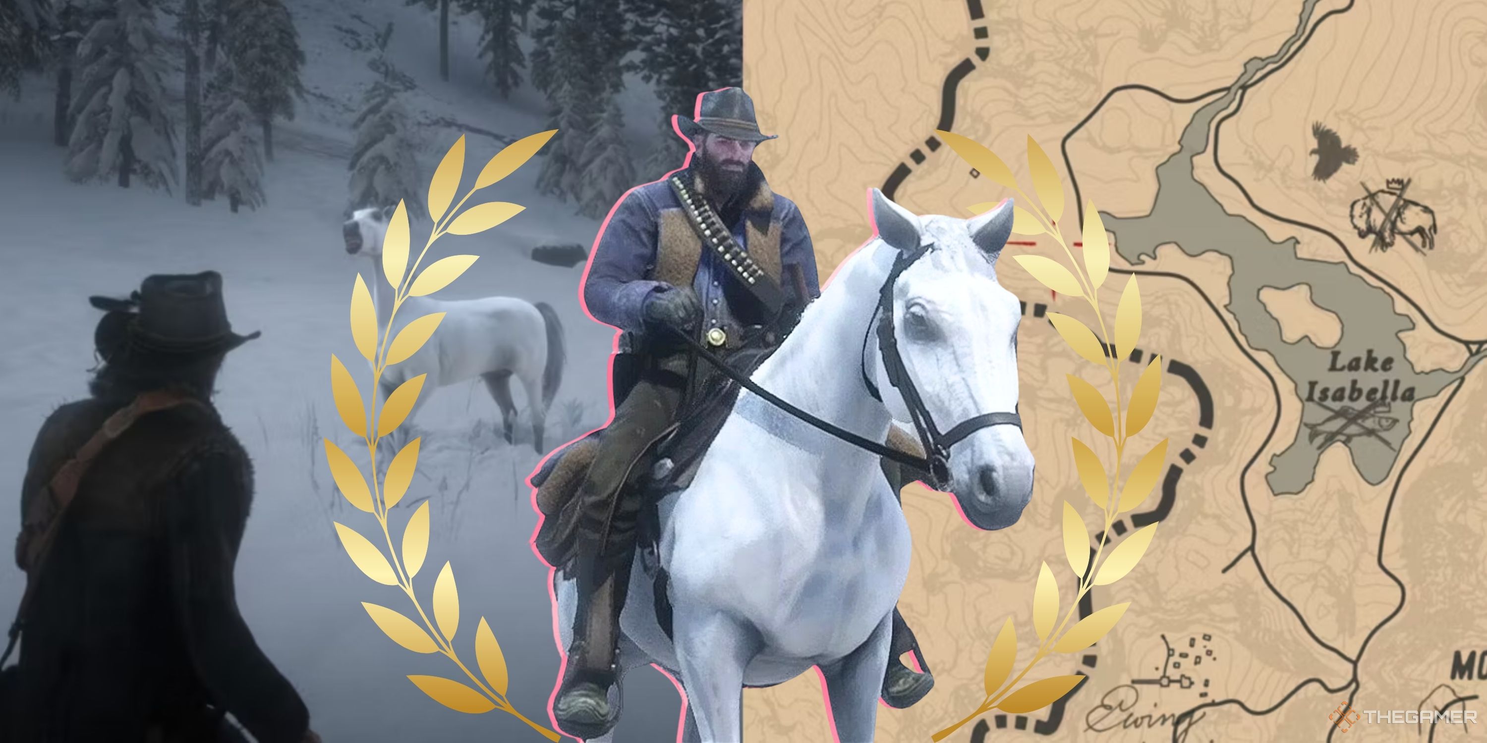 Collage image of player finding white horse in snow, map image, and Arthur Morgan on the White Arabian Horse from Red Dead Redemption 2