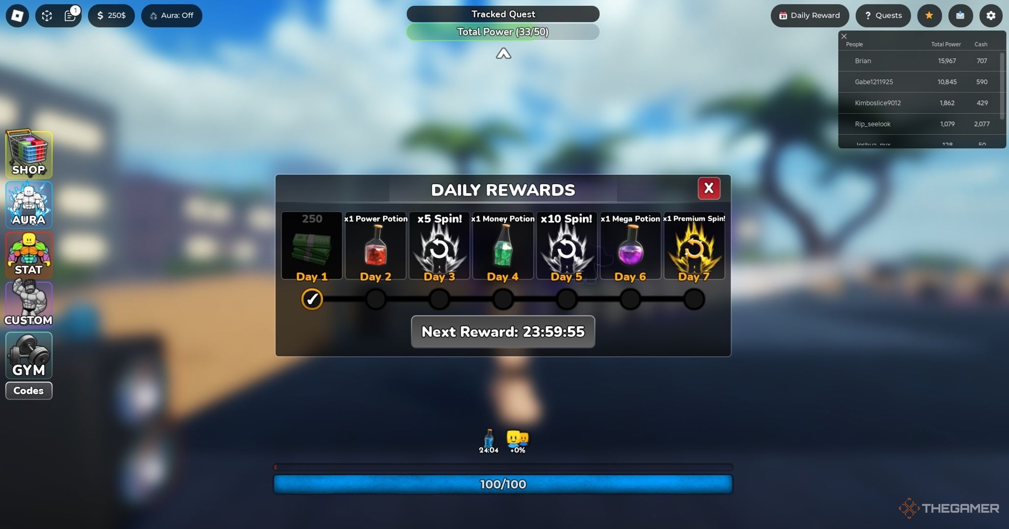 roblox gym league daily log in for money
