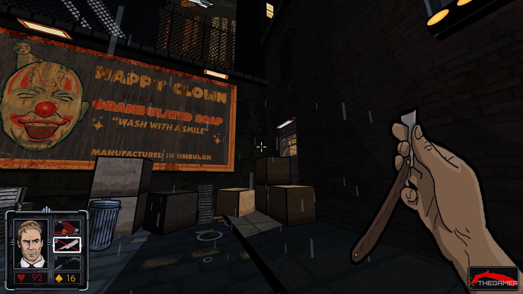 The player is moving towards the window to the right of the sign with a clown on it in Fallen Aces