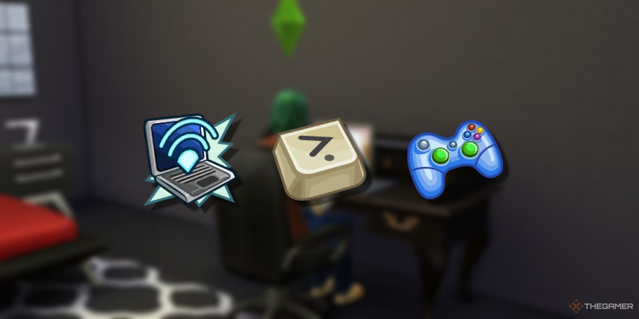 sims 4 blurry background with pngs of icons for webmaster, programming, and video games skills