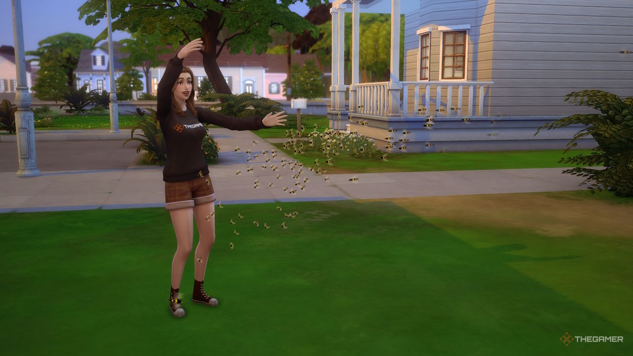 A Sim sends their bee swarm to collect gifts.