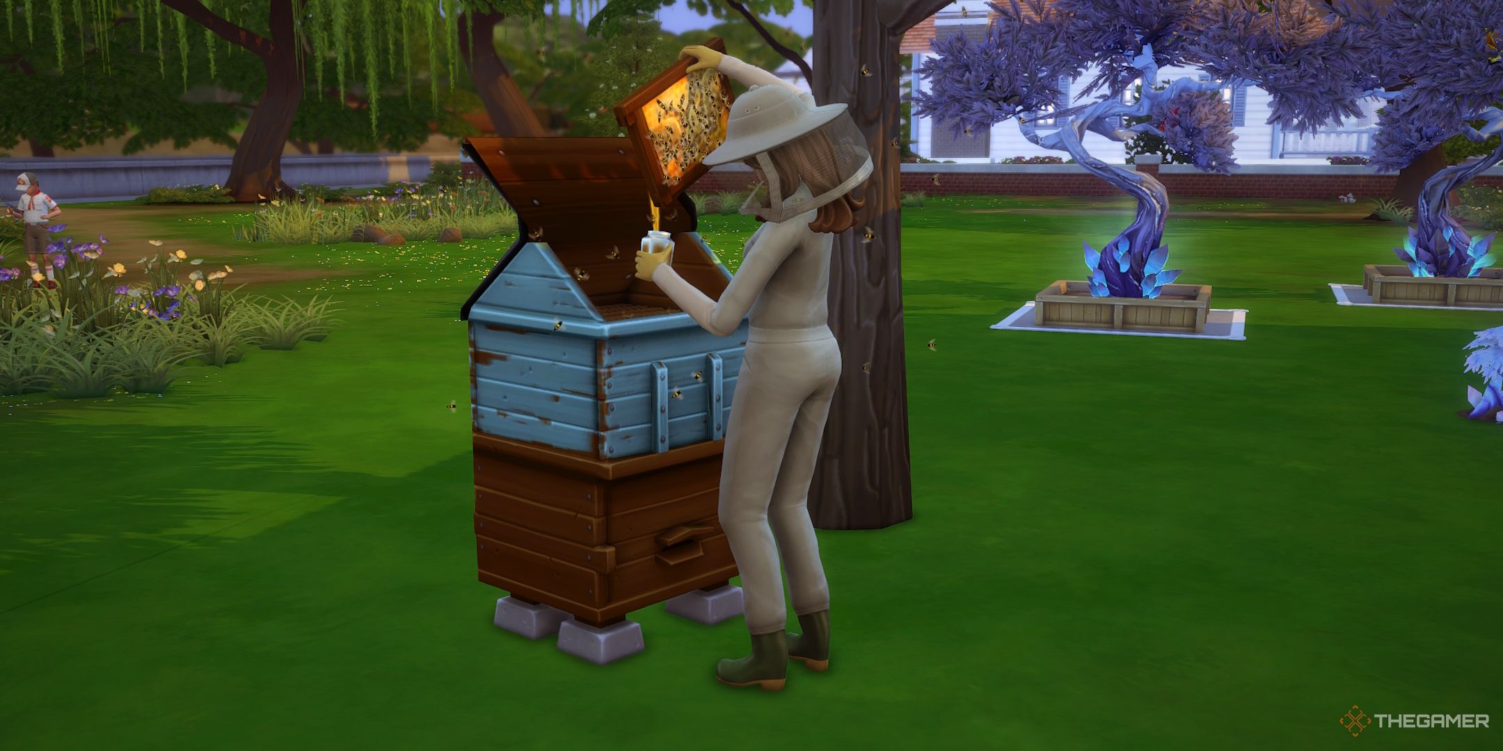 A Sim collects honey from their Bee Box 