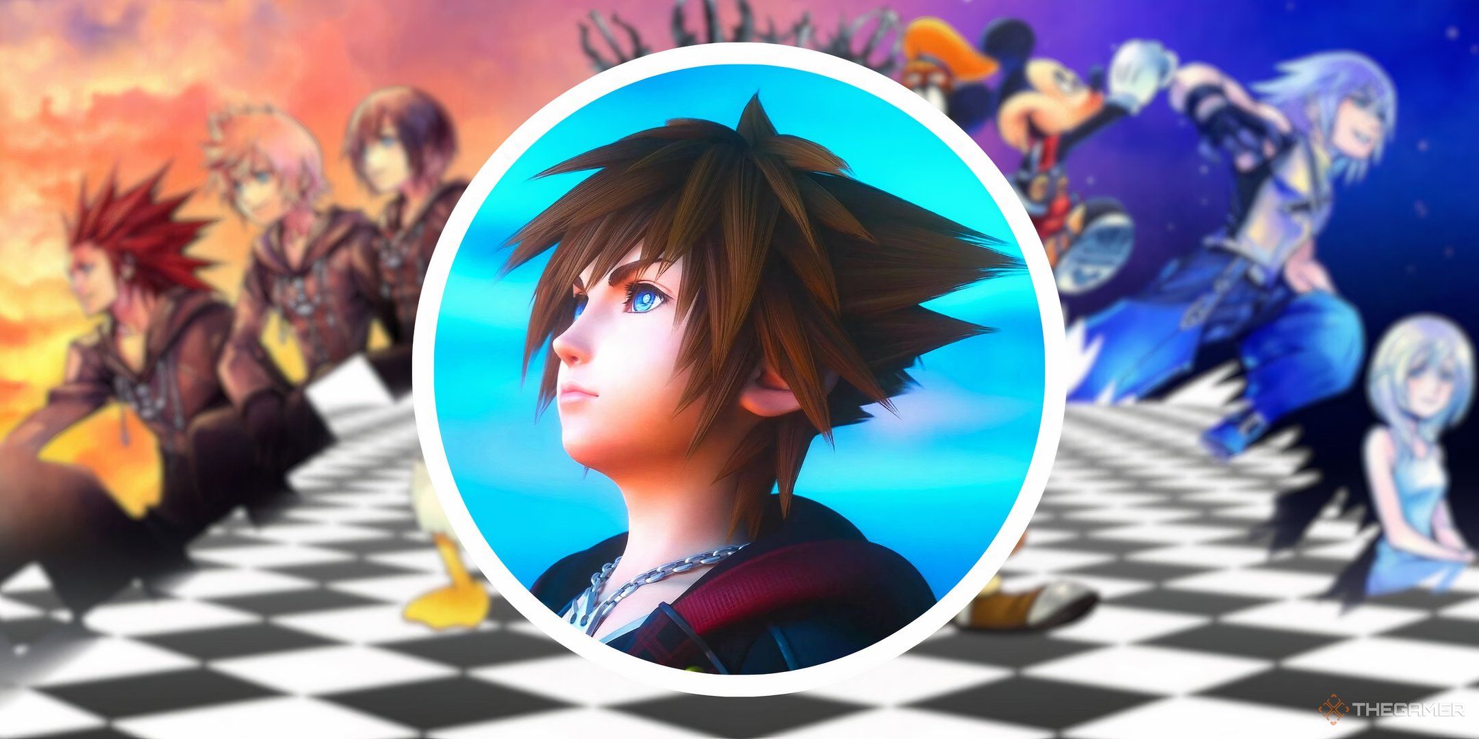 Sora looking to the side over the top of Kingdom Hearts official art