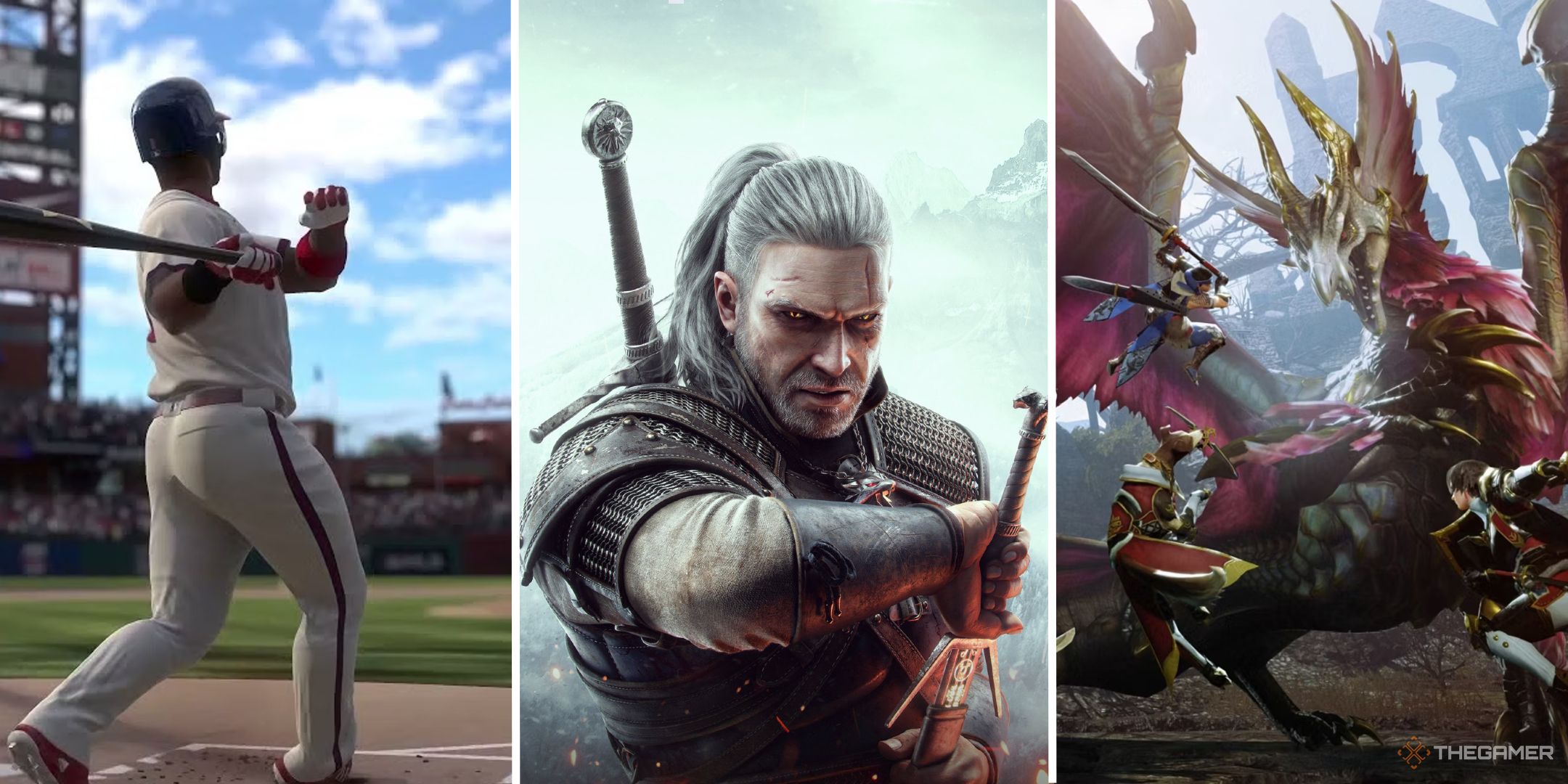 A split image showing mlb the show, the witcher 3, and monster hunter rise.