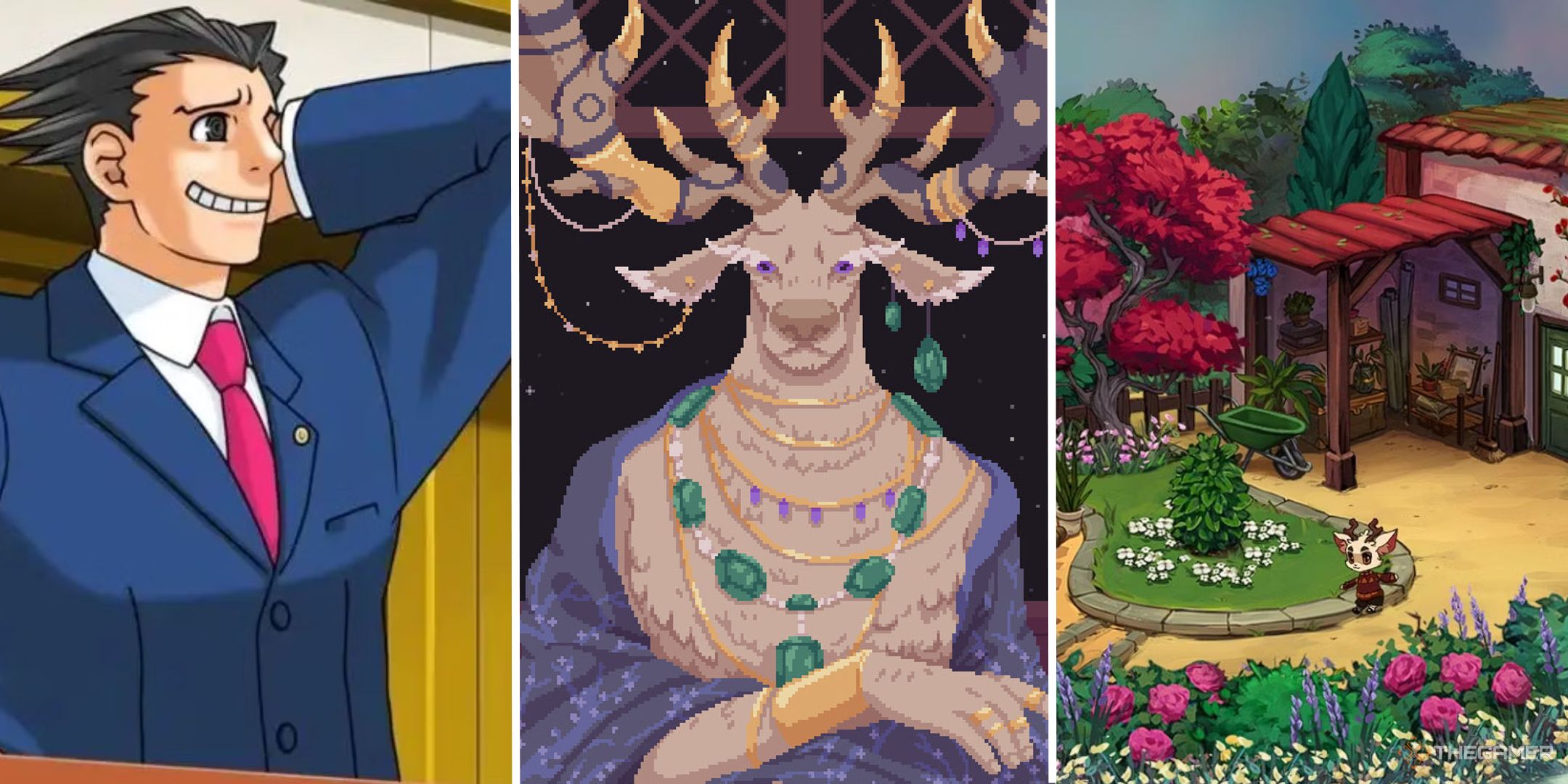 split image showing phoenix wright ace attorney, cosmic wheel sisterhood, and beacon pines