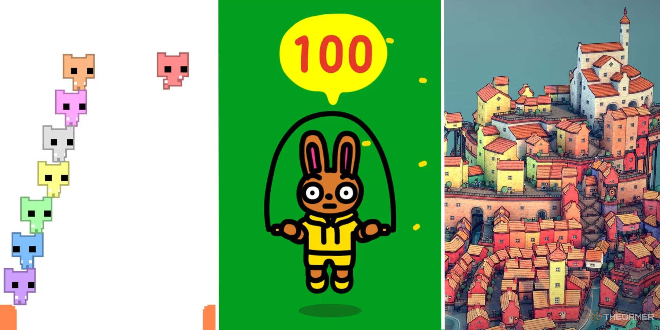 split image showing pico park, jump rope challenge, and townscaper