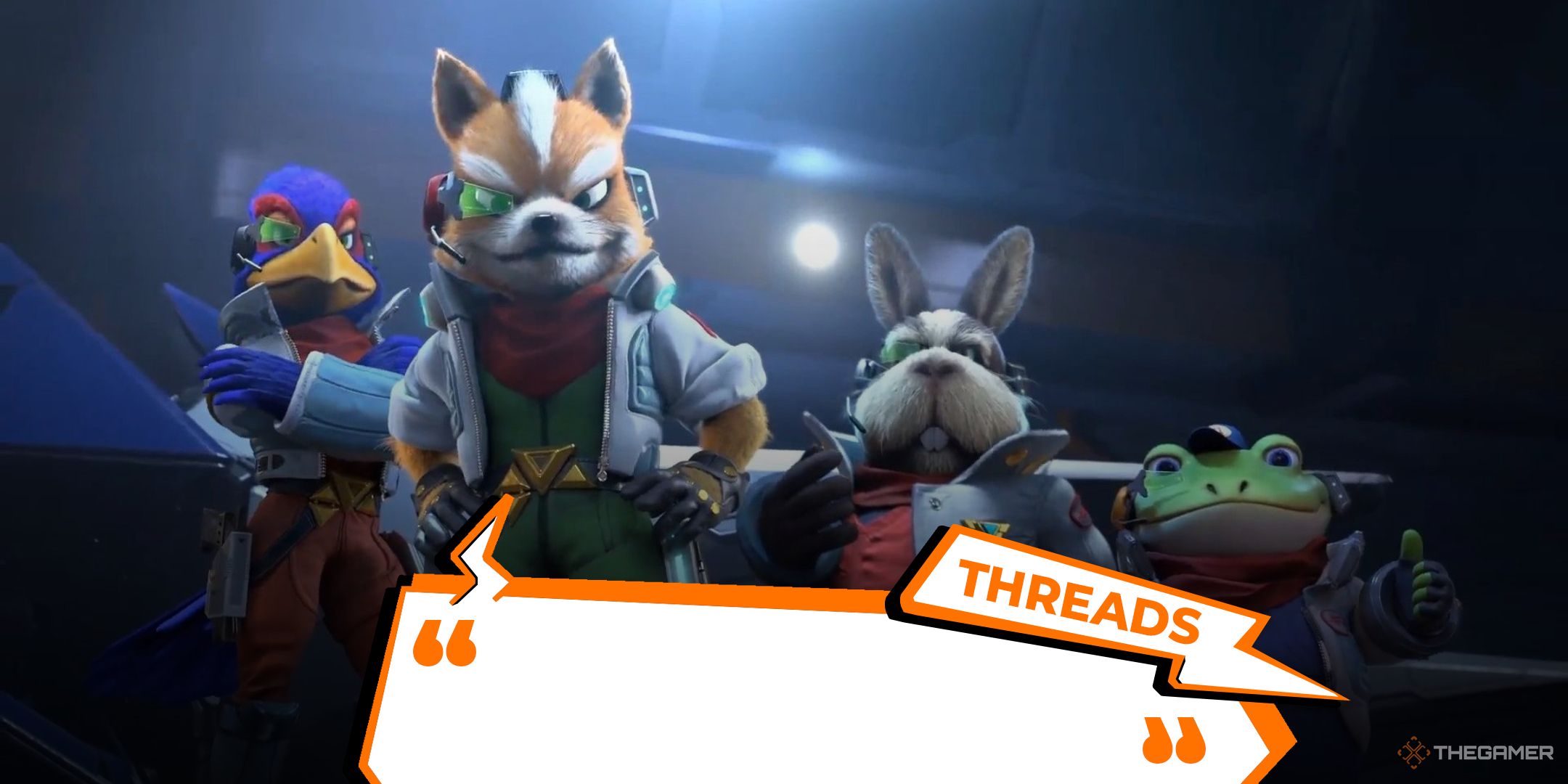 Falco Lombardi, Fox McCloud, Peppy Hare, and Slippy Toad with TheGamer's Threads logo superimposed